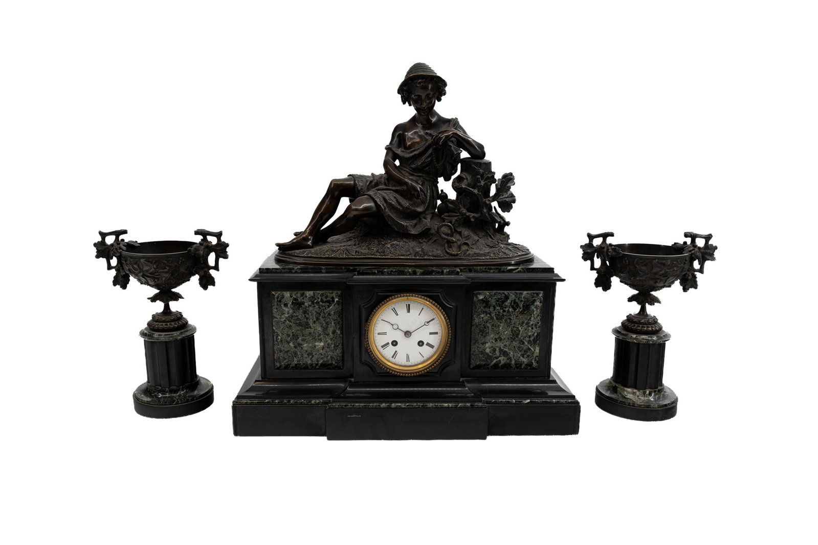 A French Napoleon III period figural patinated bronze and marble mantel clock set (1 of 15)