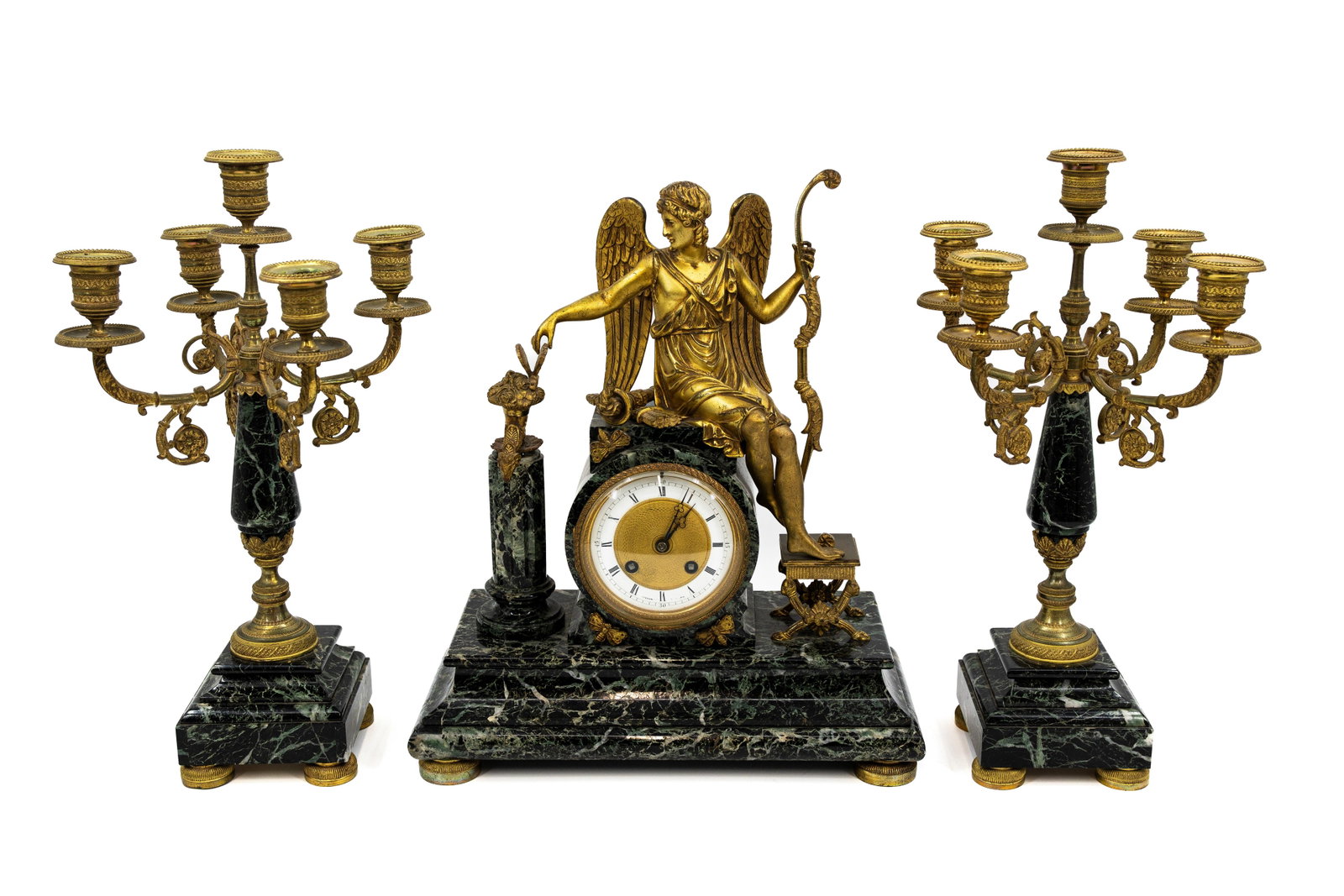 A French antique Empire style figural gilt bronze and green marble mantel clock set (1 of 20)