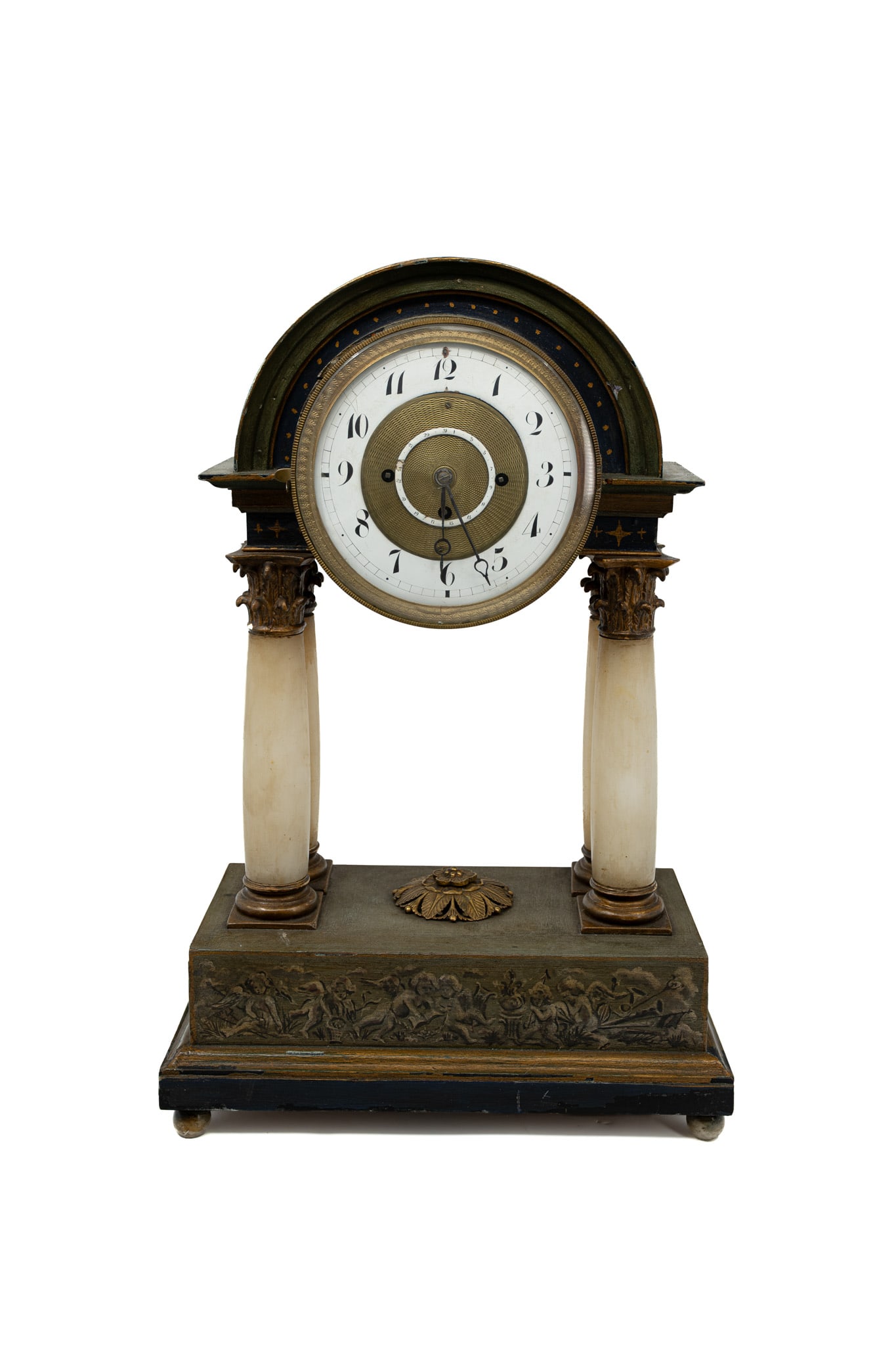 A large and antique Biedermeier patinated wooden portico mantel clock with alabaster marble columns (1 of 12)