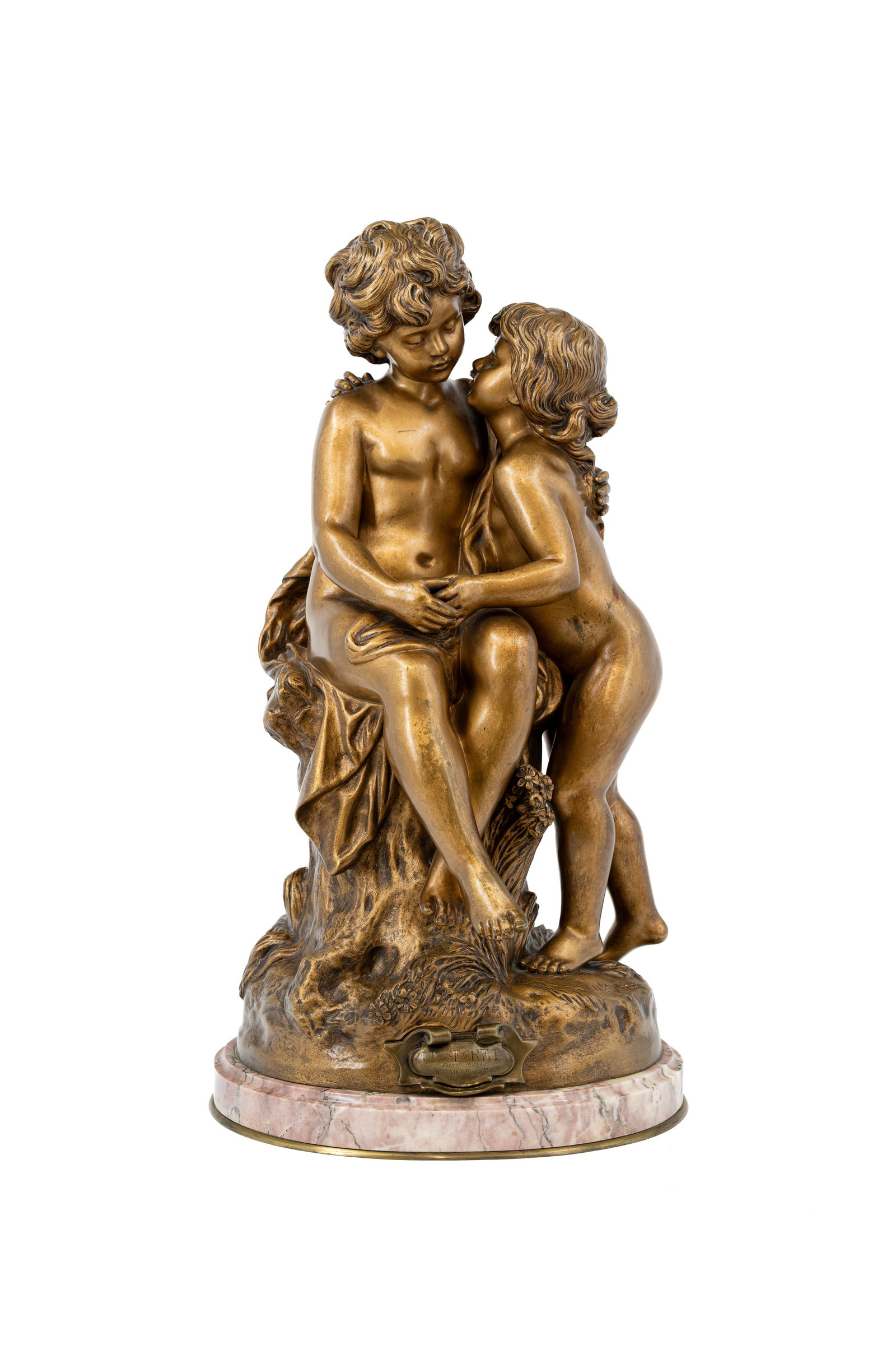 Hippolyte MOREAU (1832-1927) "Un Secret". An antique gilt and patinated bronze sculpture group: Hippolyte MOREAU (1832-1927) "Un Secret". An antique gilt and patinated bronze sculpture of two children sharing a secret. Mounted on a marble base. Signed and titled on the bronze. Late 19th century.