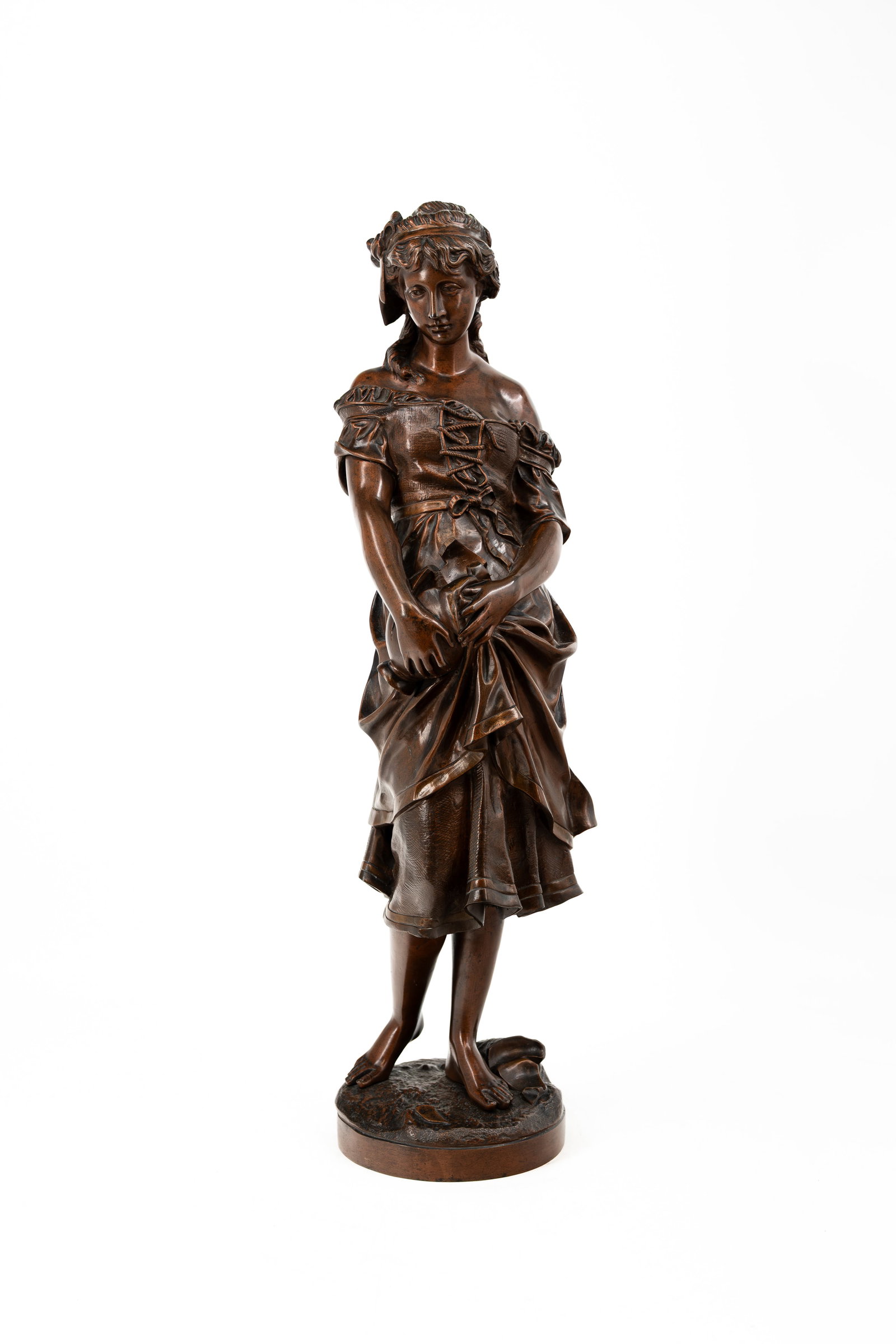 Jean-Baptiste GERMAIN (1841-1910) "La Jeune Fille à la Cruche Cassée". An antique patinated bronze: Jean-Baptiste GERMAIN (1841-1910) "La Jeune Fille à la Cruche Cassée". An antique patinated bronze sculpture of a young lady with a broken jug. Late 19th century. H: 66 cm