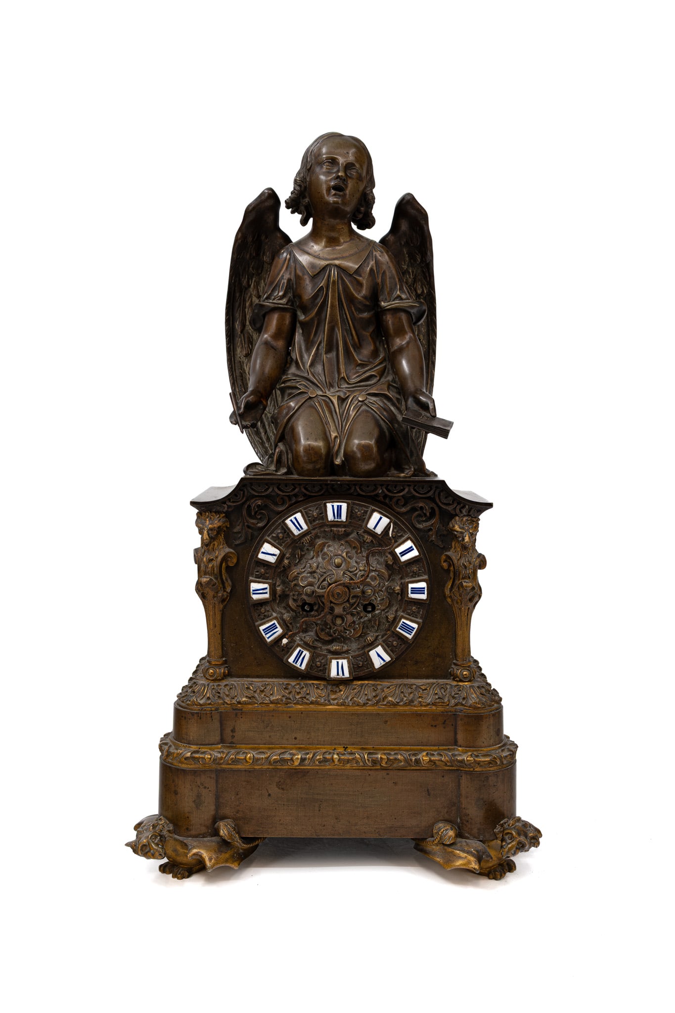 A French Napoleon III figural patinated bronze mantel clock with a figure of a kneeling angel (1 of 13)