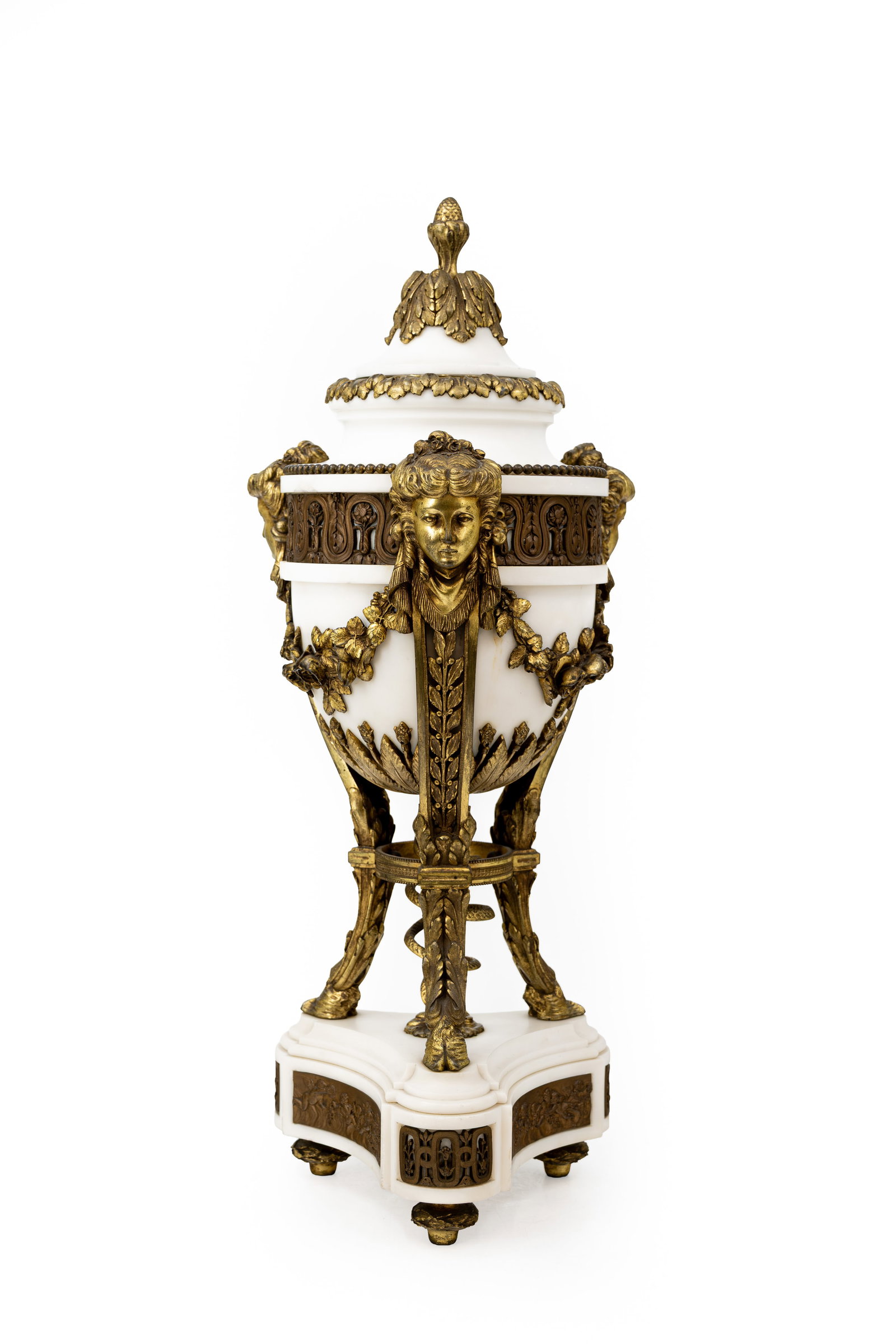 An imposing Louis XVI-style marble covered potpourri vase with gilt-bronze mounts: An imposing Louis XVI-style marble covered potpourri vase with gilt-bronze mounts. Late 19th century. H: 64 cm.
