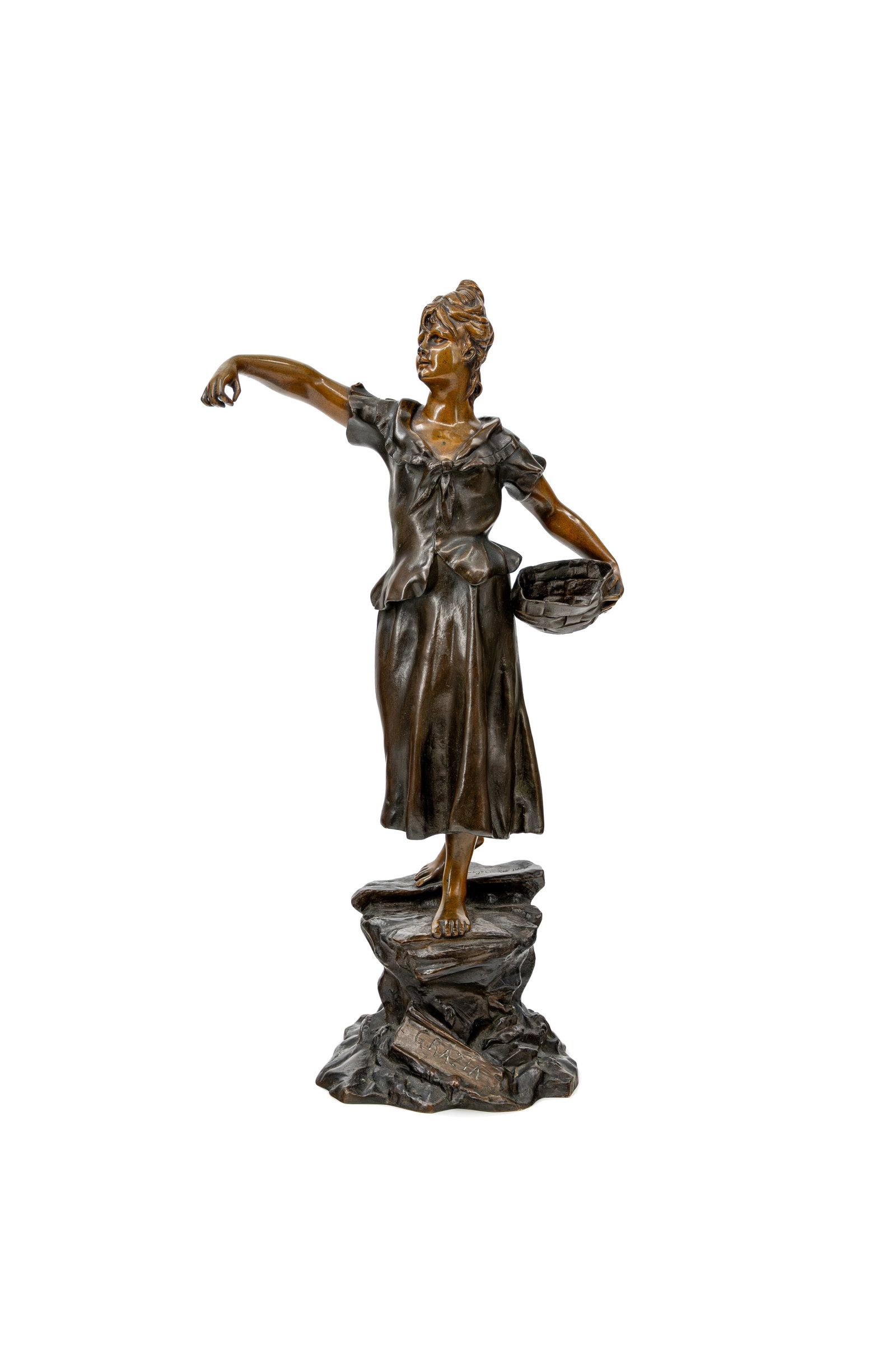 Anton K. NELSON (XIX-XX) "Grazia". An antique patinated bronze sculpture: Anton K. NELSON (XIX-XX) "Grazia". An antique patinated bronze sculpture of a young woman scattering grain from a basket. Late 19th century. H: 51 cm