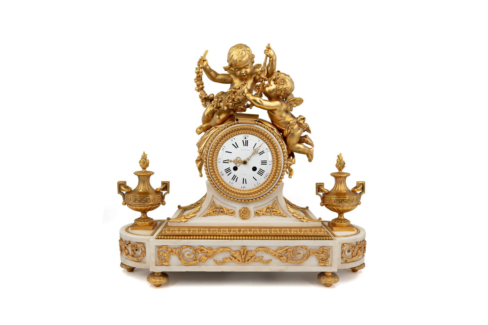 An antique and imposing French Louis XVI style gilt bronze and white marble mantel clock by Raingo (1 of 10)