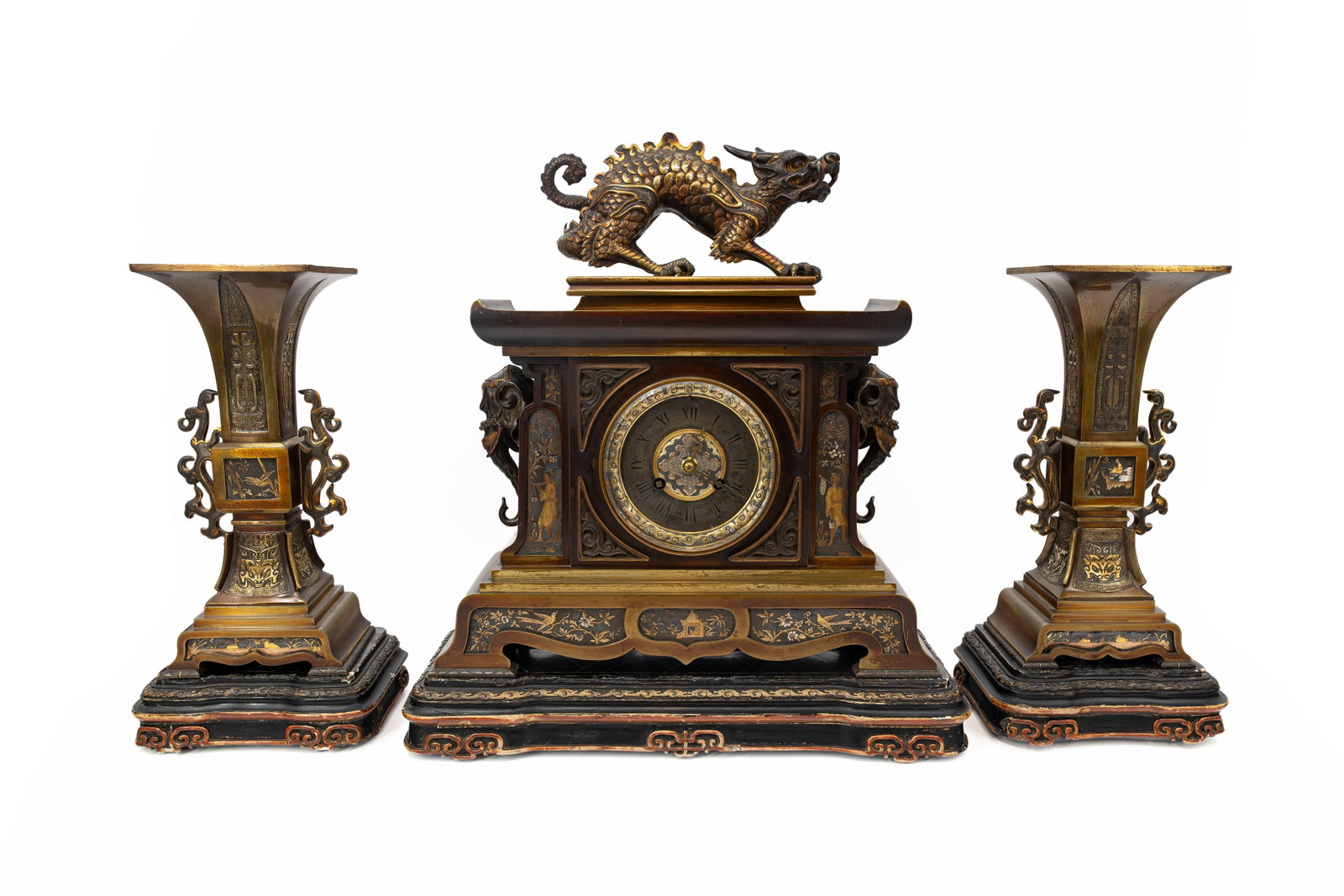 A finely decorated antique Oriental multi patinated bronze mantel clock set (1 of 20)