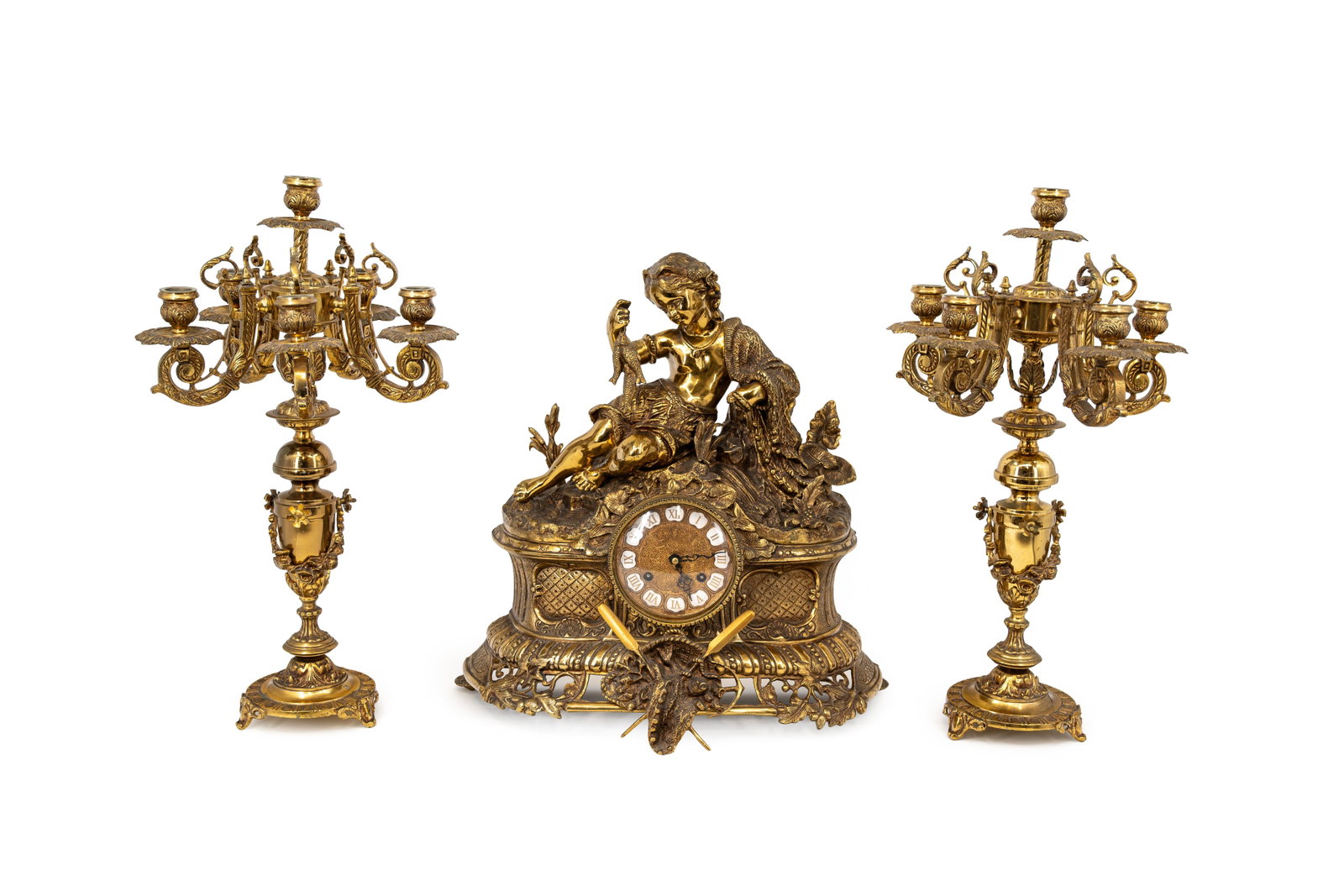 A French Louis XVI style figural gilt bronze mantel clock and two candelabras (1 of 16)