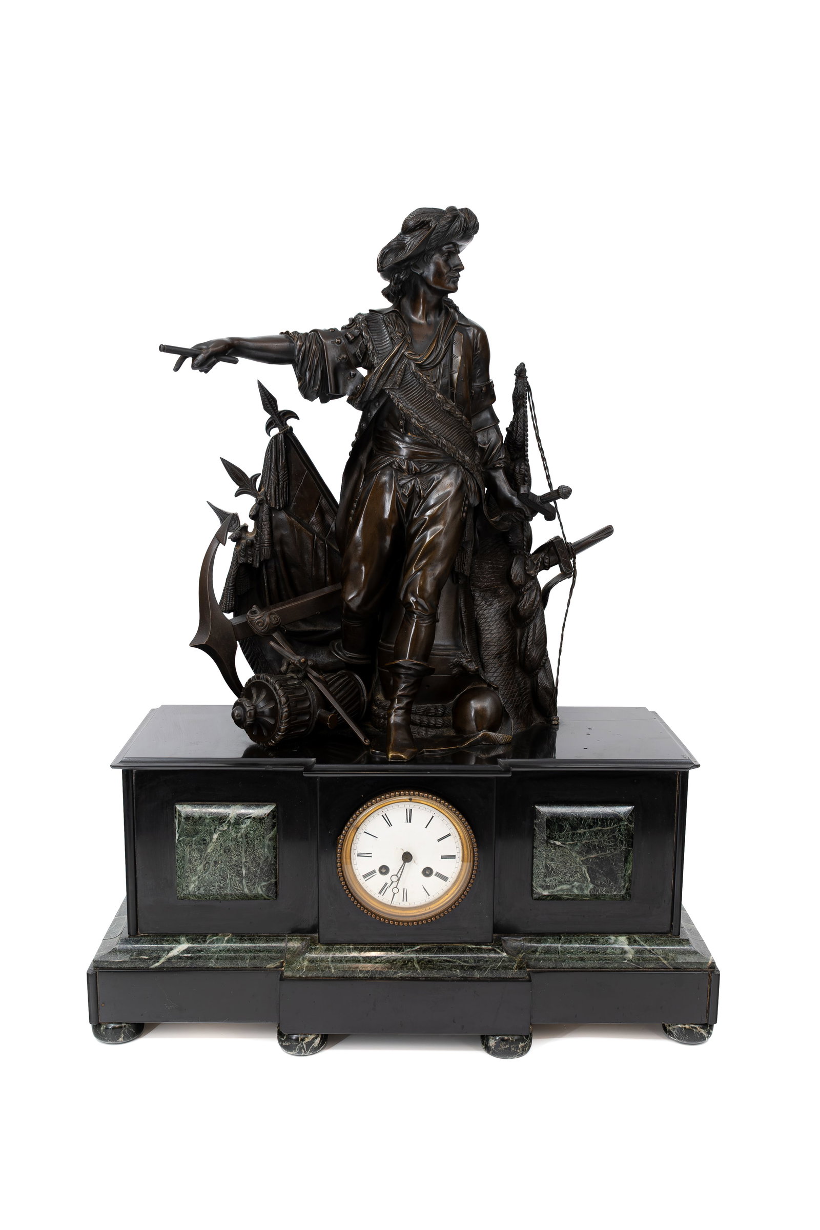 A large and antique figural patinated bronze and marble mantel clock (1 of 11)