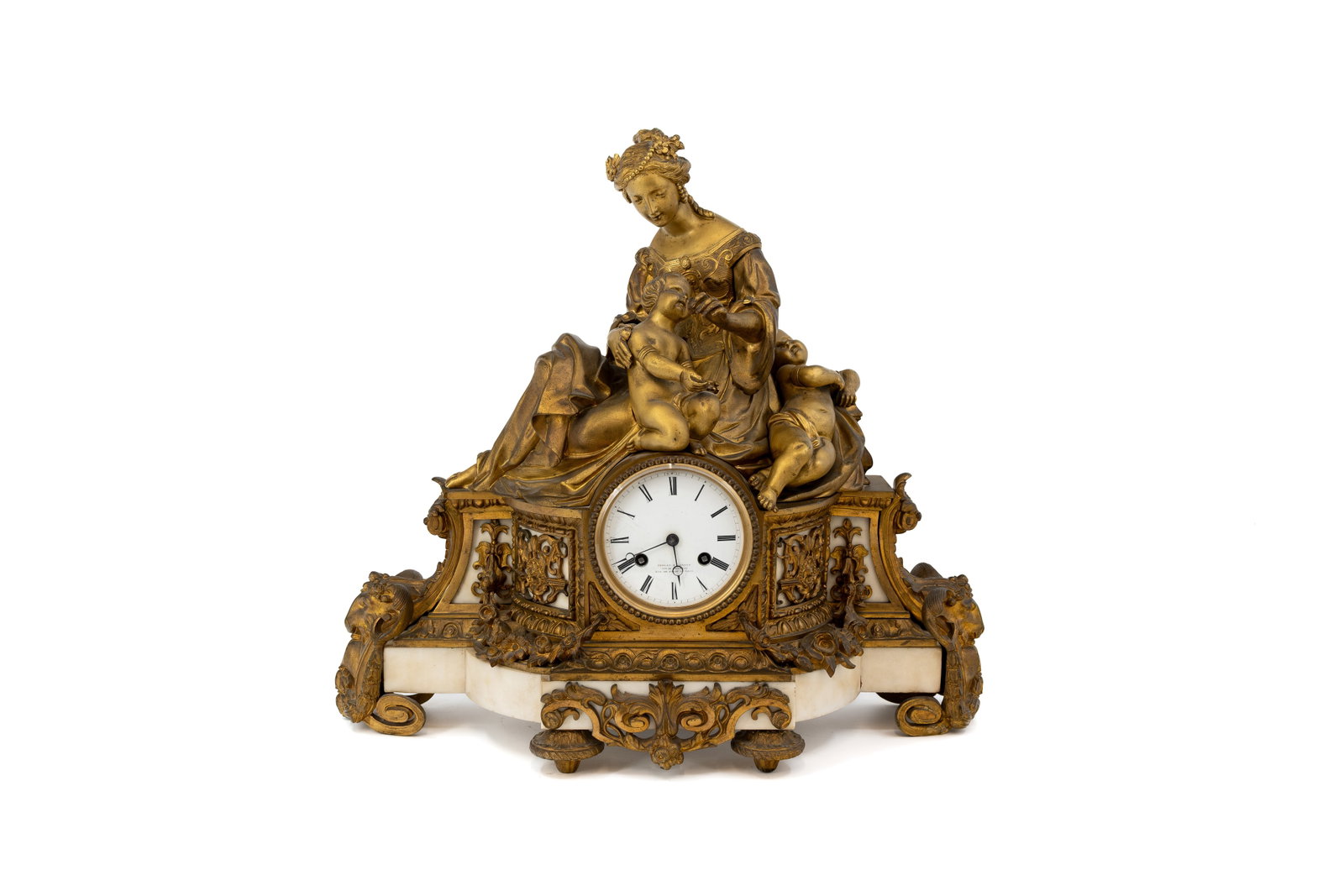 An antique Napoleon III style figural patinated bronze and marble mounted mantel clock (1 of 9)