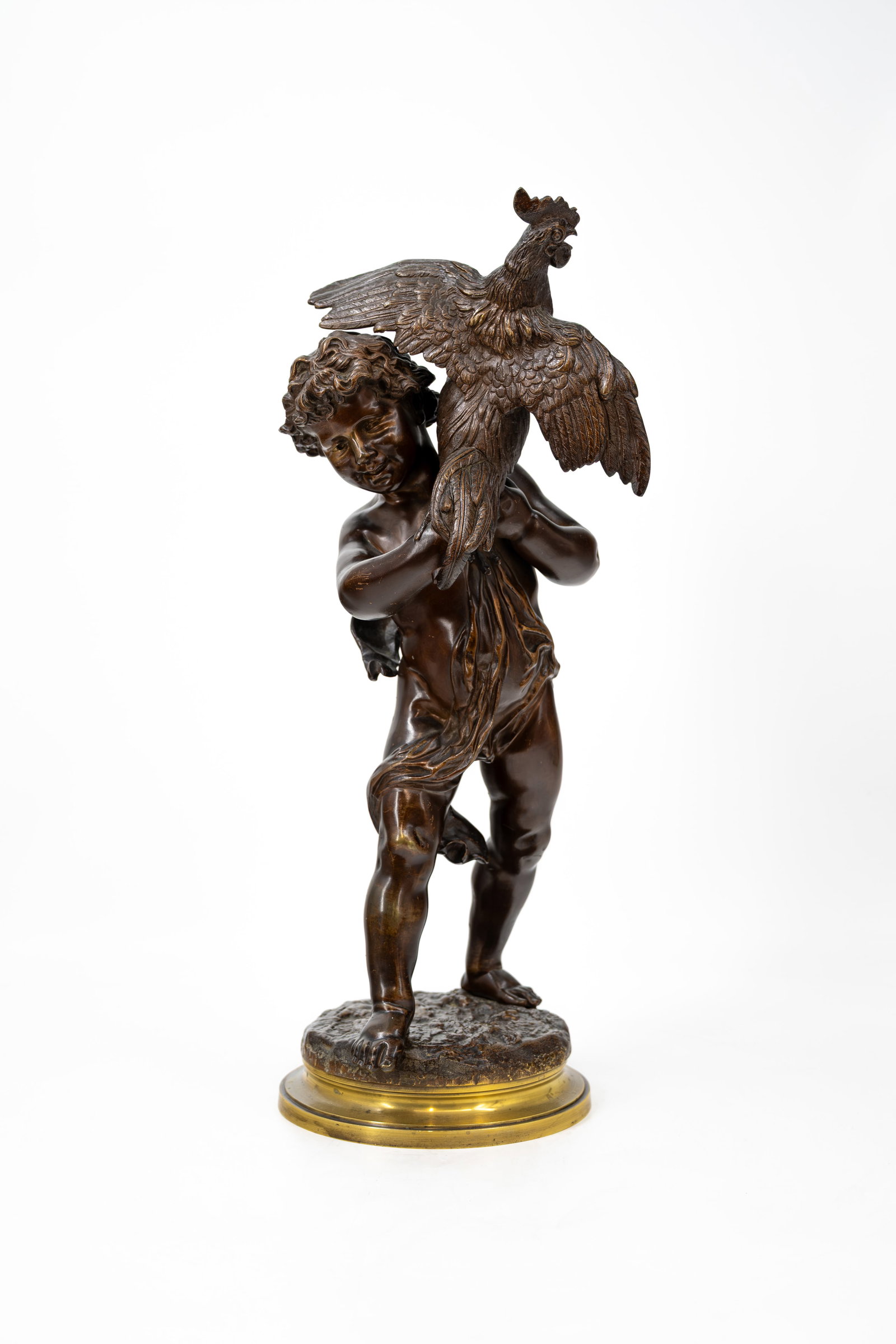 Émile LAPORTE (1858-1907) "Child with A Rooster". An antique patinated bronze sculpture (1 of 7)
