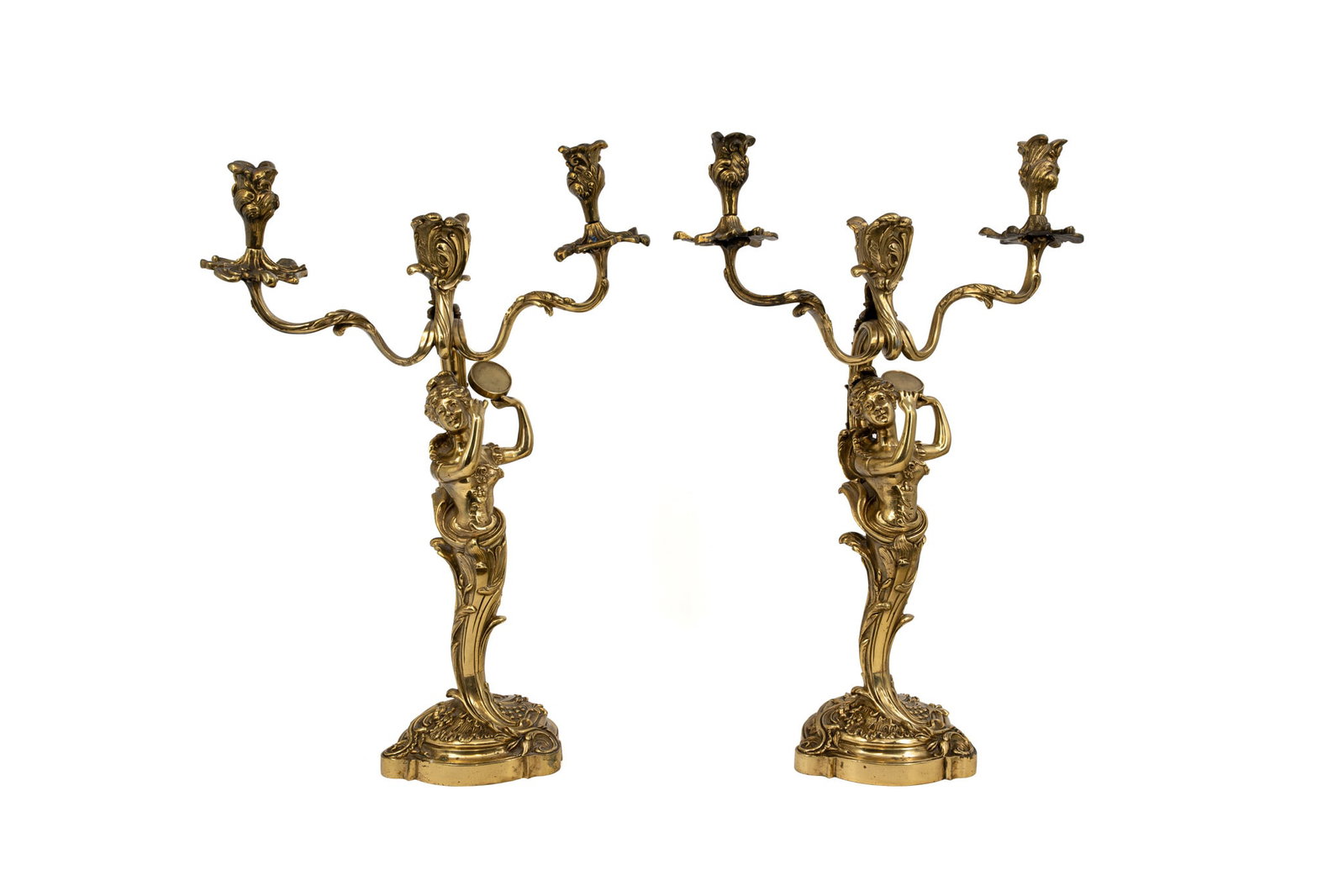 A pair of antique French Louis XV style gilt bronze figural candelabras (1 of 9)