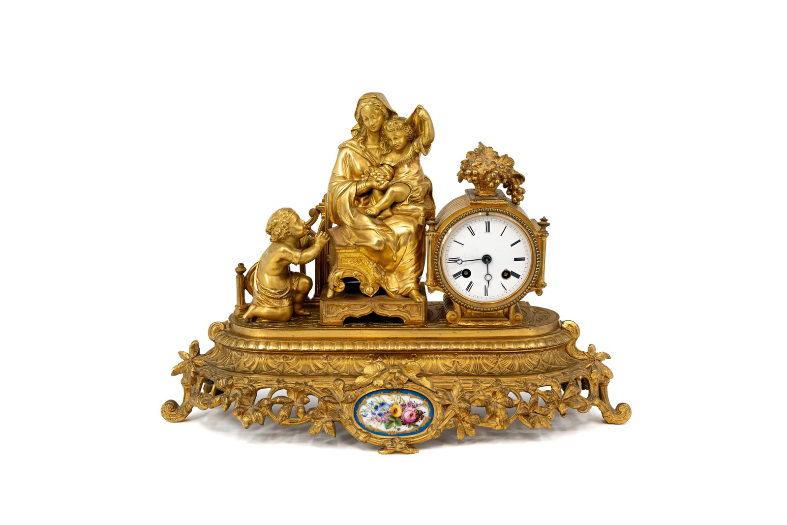 A French antique figural gilt bronze mantel clock with Sevres style mounted porcelain plaque (1 of 8)