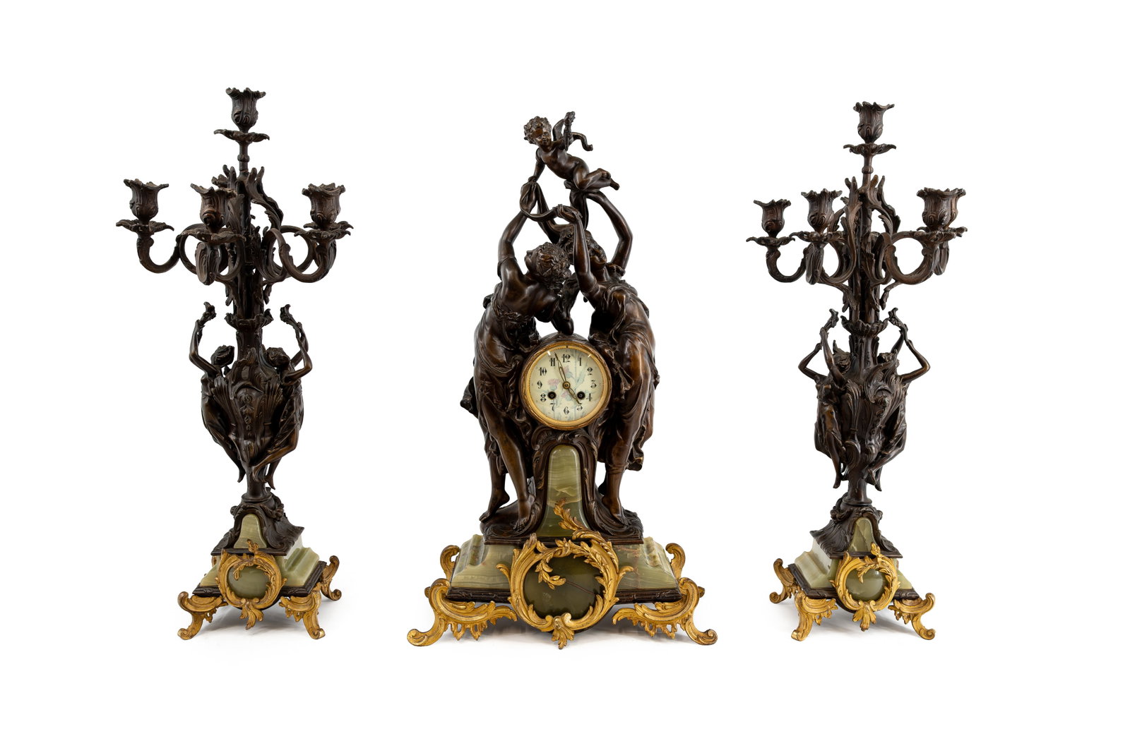 A French large patinated spelter and marble mounted figurative mantel clock and matching candelabras (1 of 12)