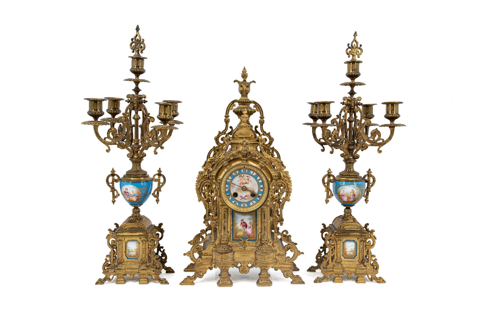 A French Louis XV style gilt bronze and Sevres style porcelain mounted clock set (1 of 13)