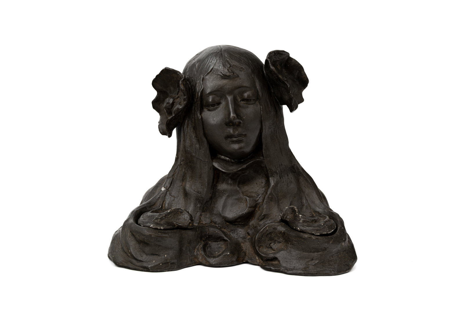 An art nouveau figural pewter inkwell in the shape of a lady's bust (1 of 8)
