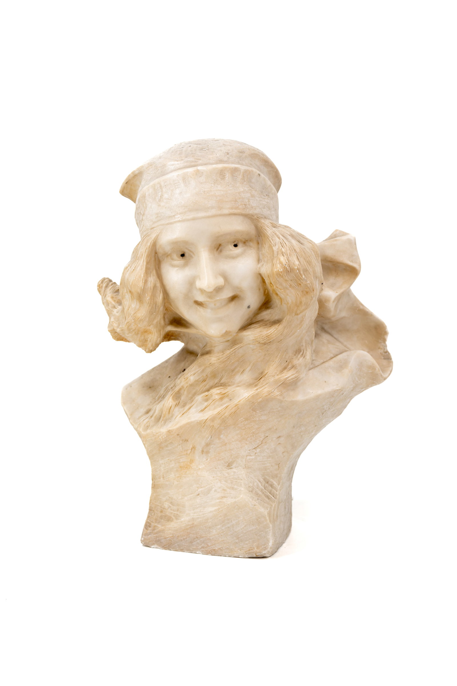 An art deco carved alabaster bust sculpture of a laughing young lady: An art deco carved alabaster bust sculpture of a laughing young lady. Unsigned, circa 1900-1920s. H: 48 cm