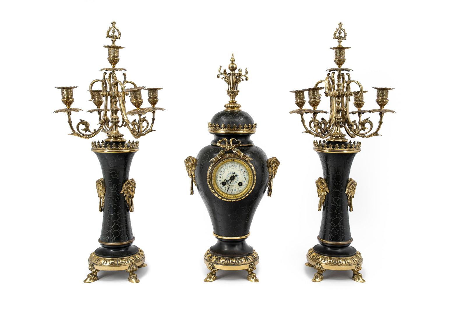 An antique gilt and patinated brass mantel clock and matching candelabras (1 of 12)