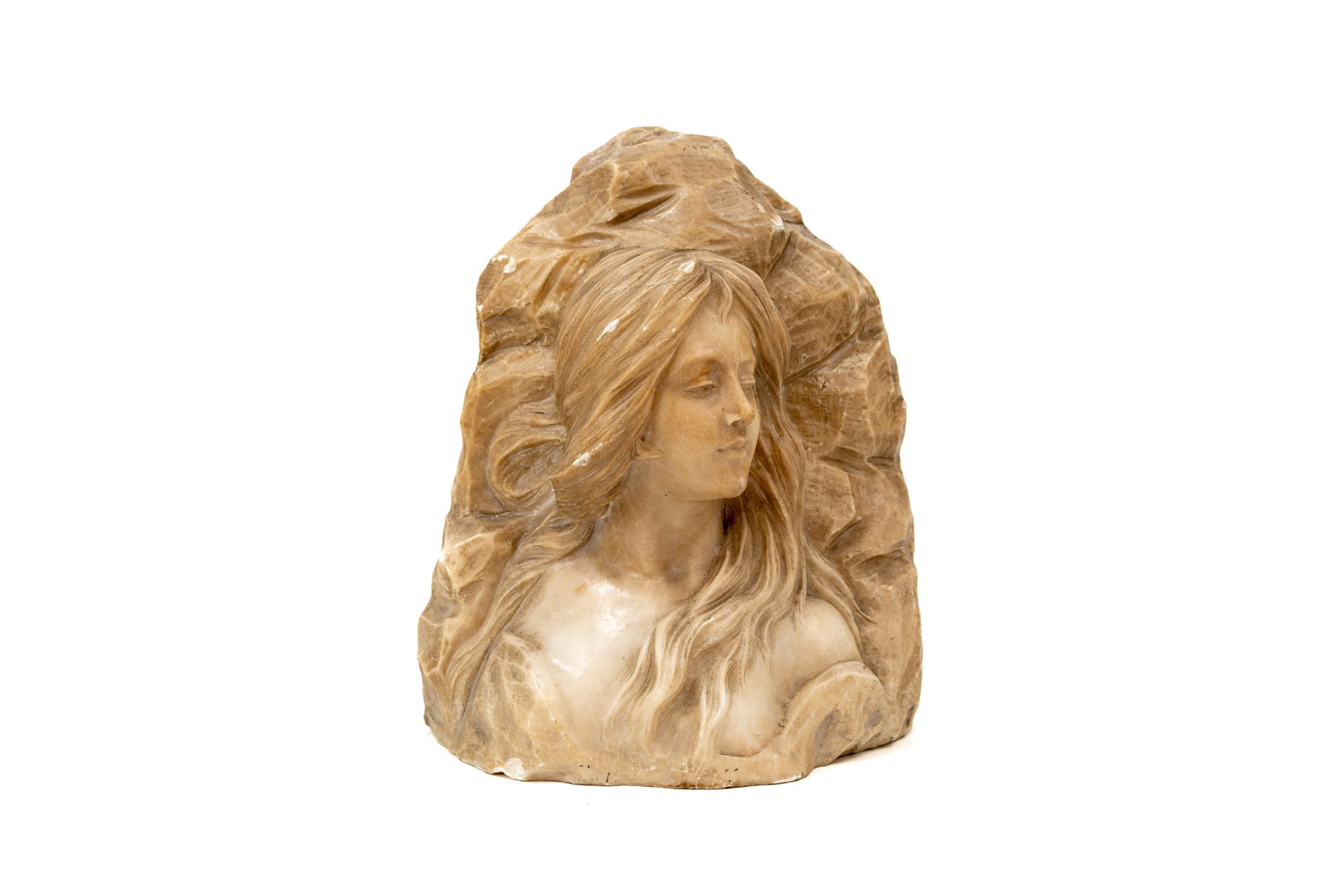 An Art Nouveau-style carved alabaster marble bas-relief bust of a lady: An Art Nouveau-style carved alabaster marble bas-relief bust of a lady. Early 20th century. H: 37 cm.