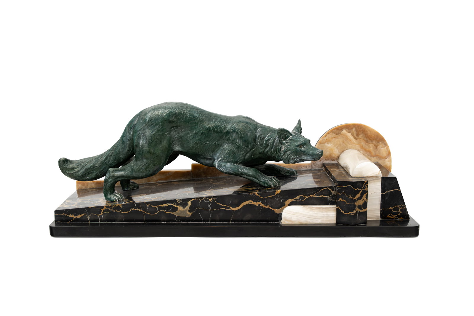 An art deco patinated spelter figure of a fox, mounted on a onyx and black marble base (1 of 7)