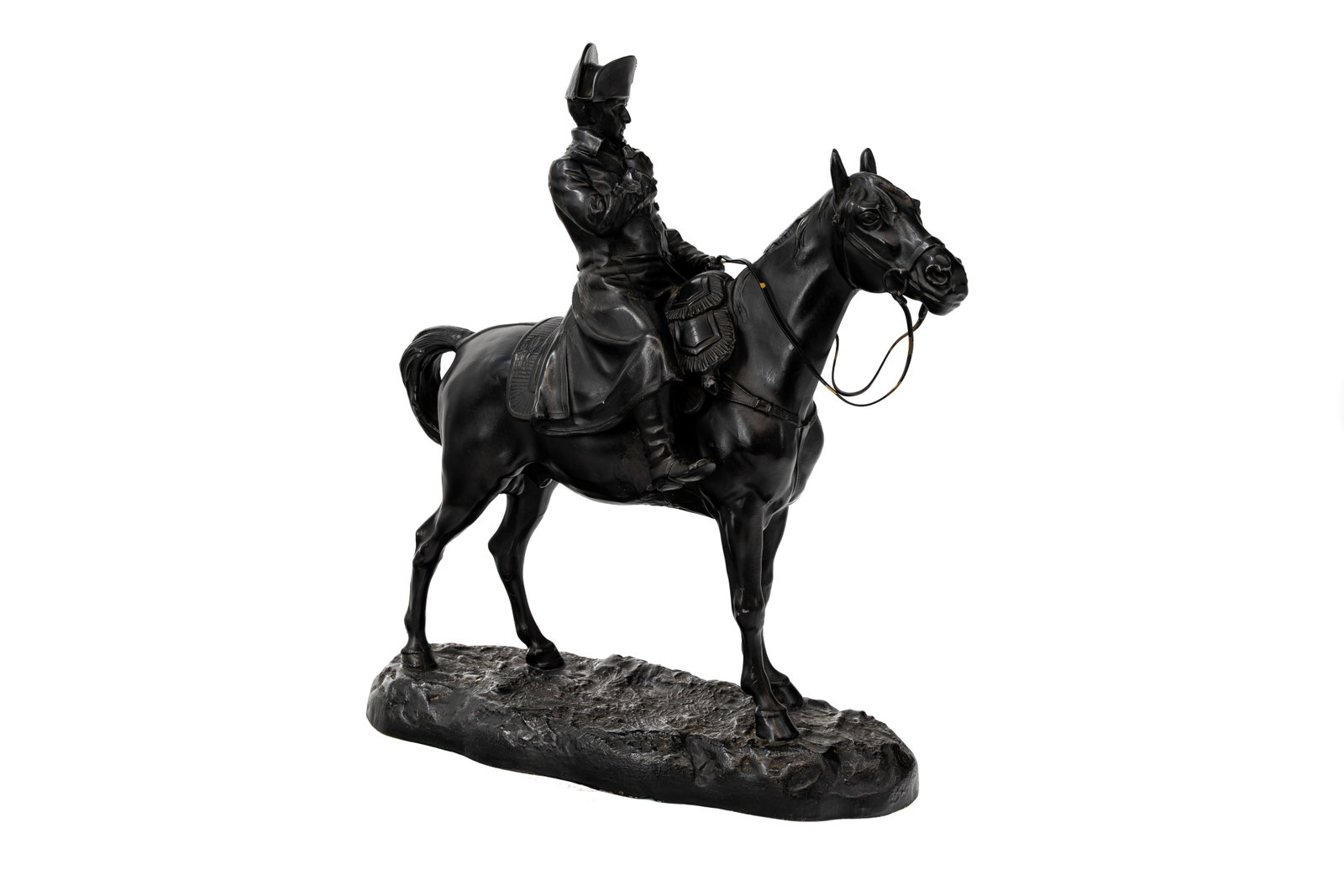 An antique French patinated spelter sculpture depicting Napoleon on horseback: An antique French patinated spelter sculpture depicting Napoleon on horseback. Signed Demange, early 20th century. H: 40 - W: 35 cm.