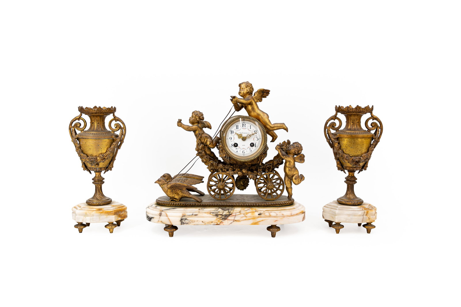 A French rococo style figural mantel clock set in patinated spelter and marble (1 of 10)