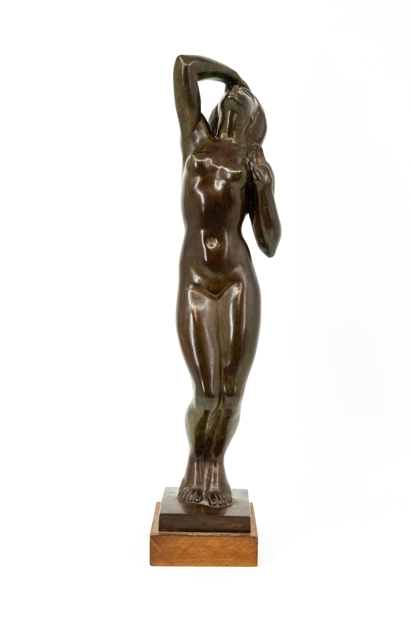 Jan ANTEUNIS (1896-1973) "Posing Nude Lady". A Belgian patinated bronze figural sculpture: Jan ANTEUNIS (1896-1973) "Posing Nude Lady". A Belgian patinated bronze figural sculpture of a standing nude woman. First half 20th century. H: 49 cm.