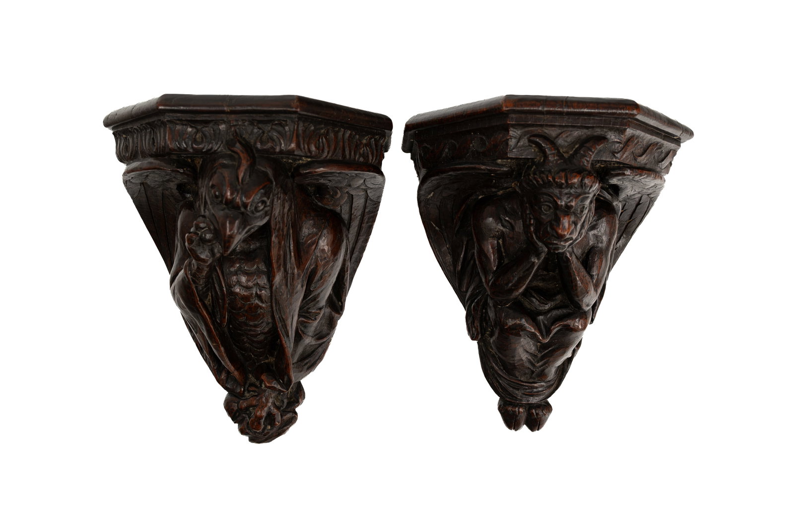Gabriel Eugène COQUELIN (1907-1996) A pair of rare and antique figural carved wood wall consoles (1 of 9)