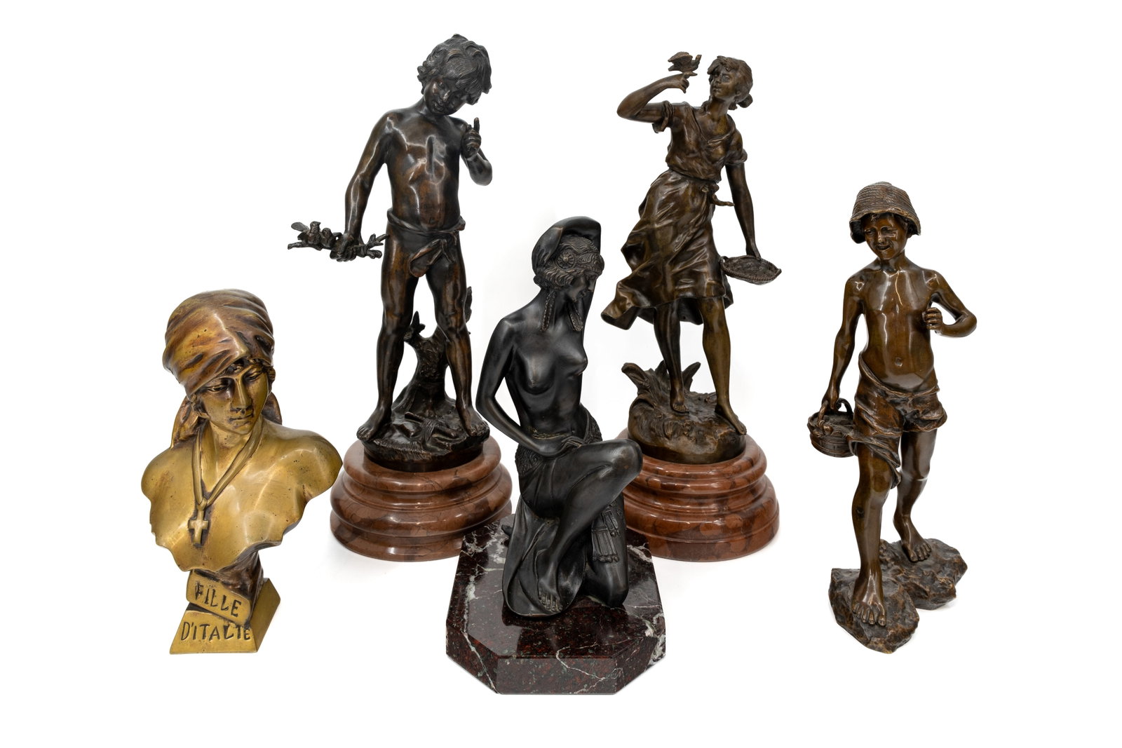 A composed lot of five various 20th-century patinated bronze figures and busts: A composed lot of five various 20th-century patinated bronze figures and busts. Three are mounted on marble bases, and two are after and signed "Auguste Moreau". Circa 1950-1970s. H: 28 - 53 cm, small
