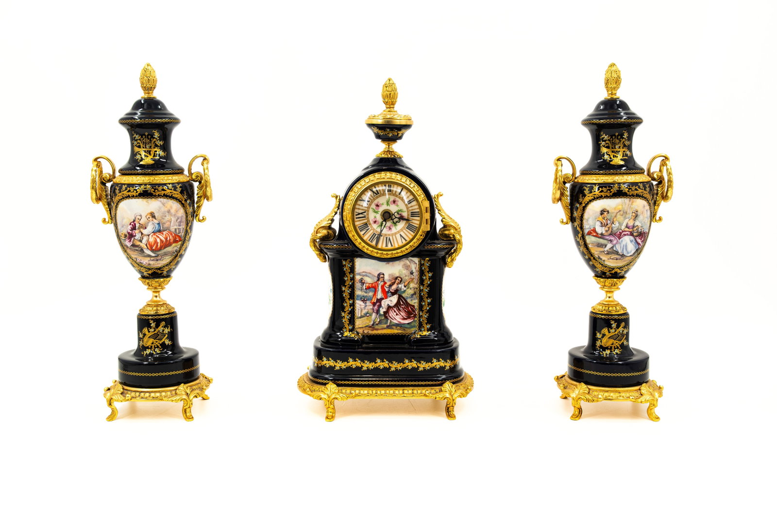 A 20th century ACF Limoges style brass mounted porcelain three piece mantel clock set (1 of 13)
