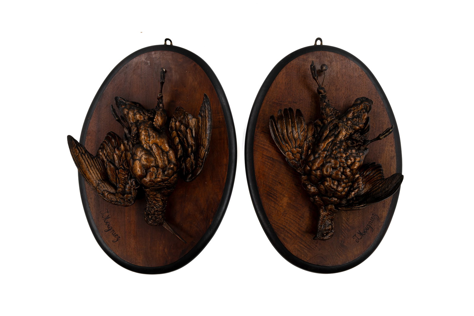 A pair of antique German Black forest carved wooden wall plaques displaying hunting trophies (1 of 9)