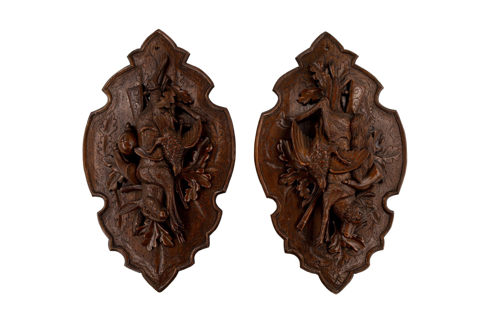 A pair of antique German Black forest carved wooden wall plaques displaying hunting trophies (1 of 10)