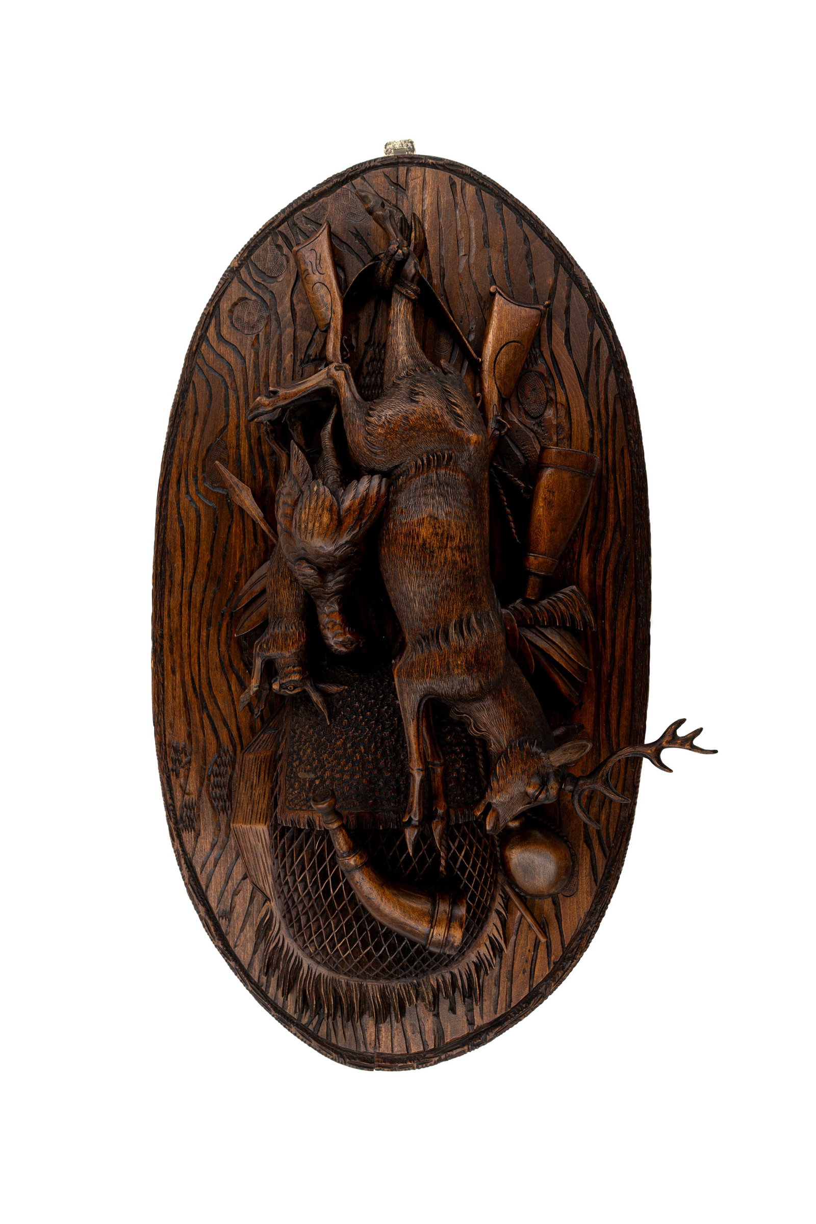 An antique German Black forest carved wooden wall plaque displaying hunting trophies (1 of 6)