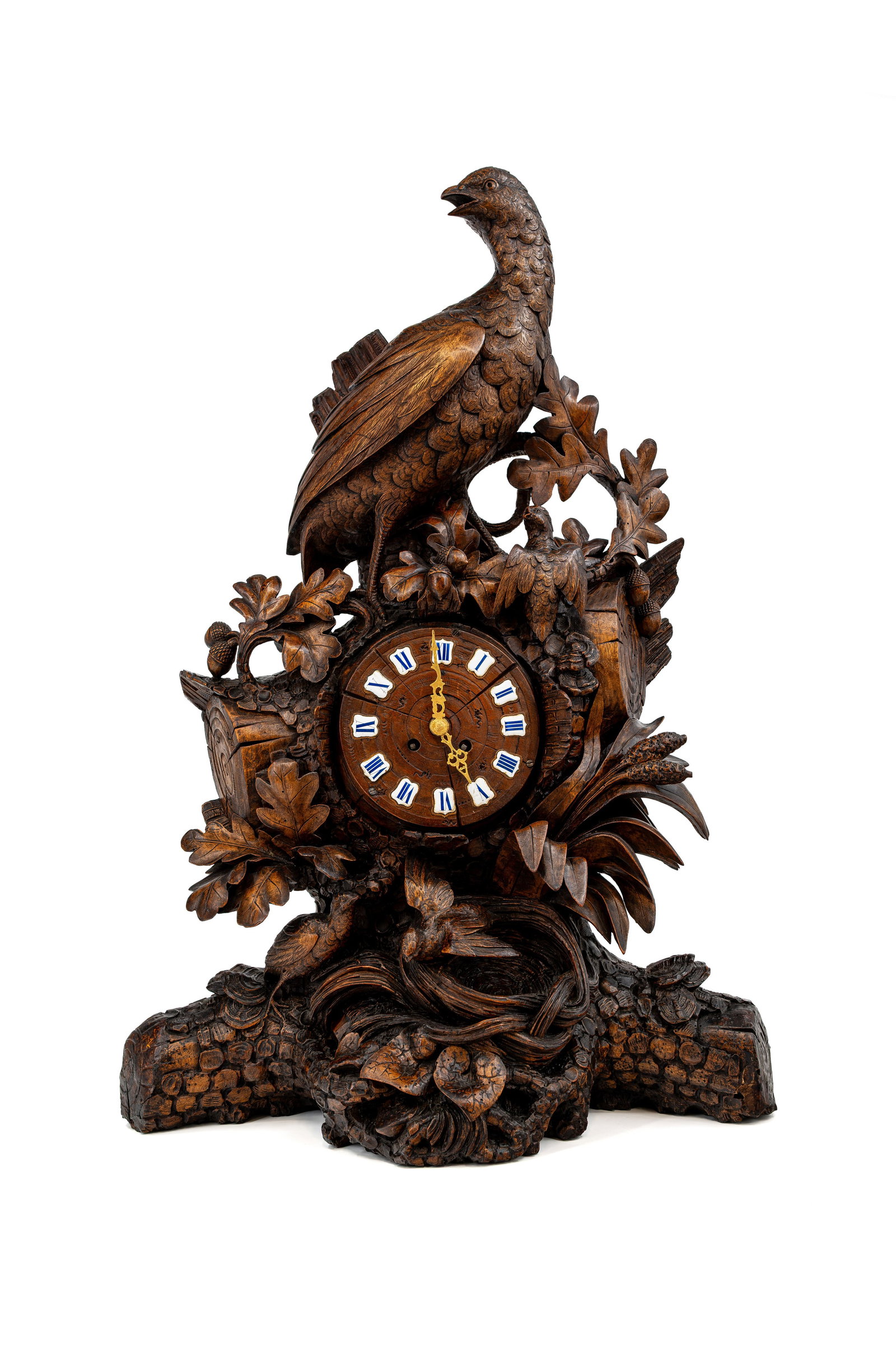 A large and antique German Black Forest carved wooden clock, decorated with pheasant scene (1 of 12)