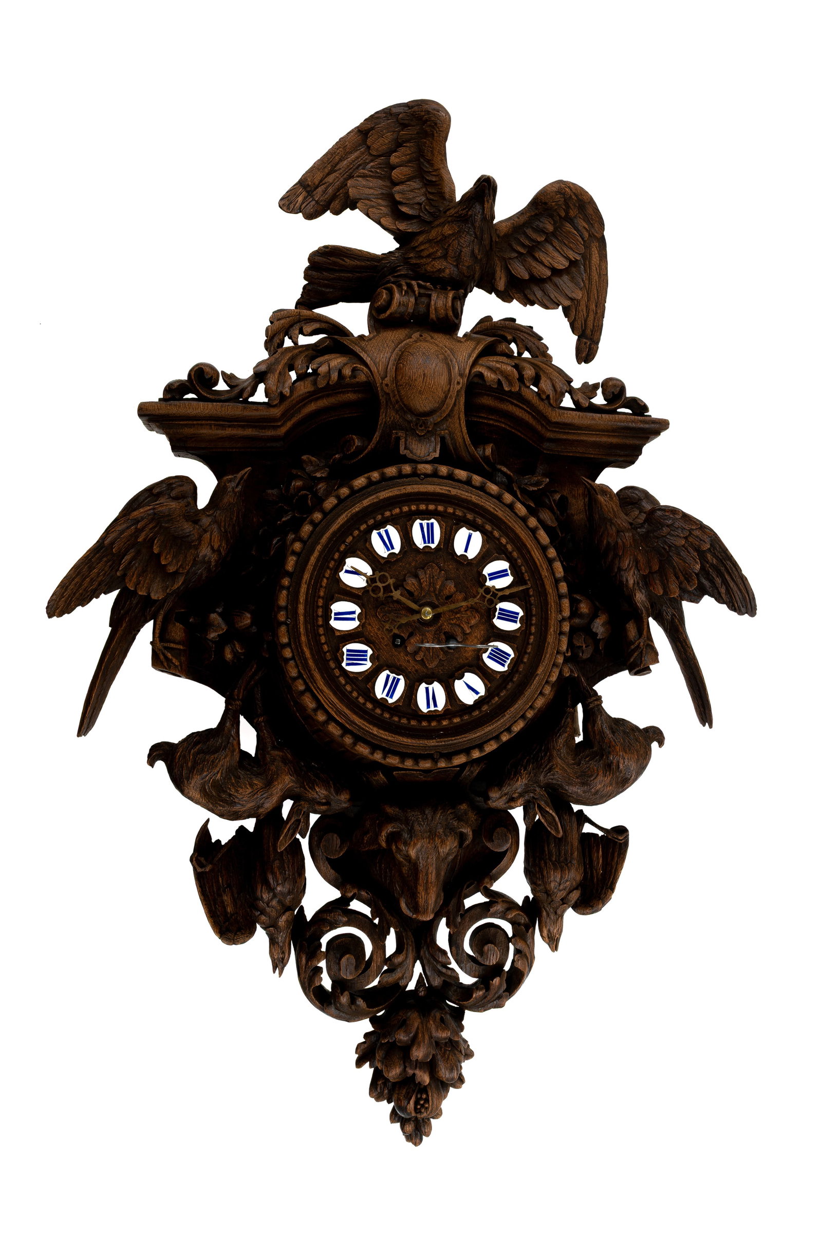 A large and antique German Black Forest carved wooden wall clock (1 of 9)