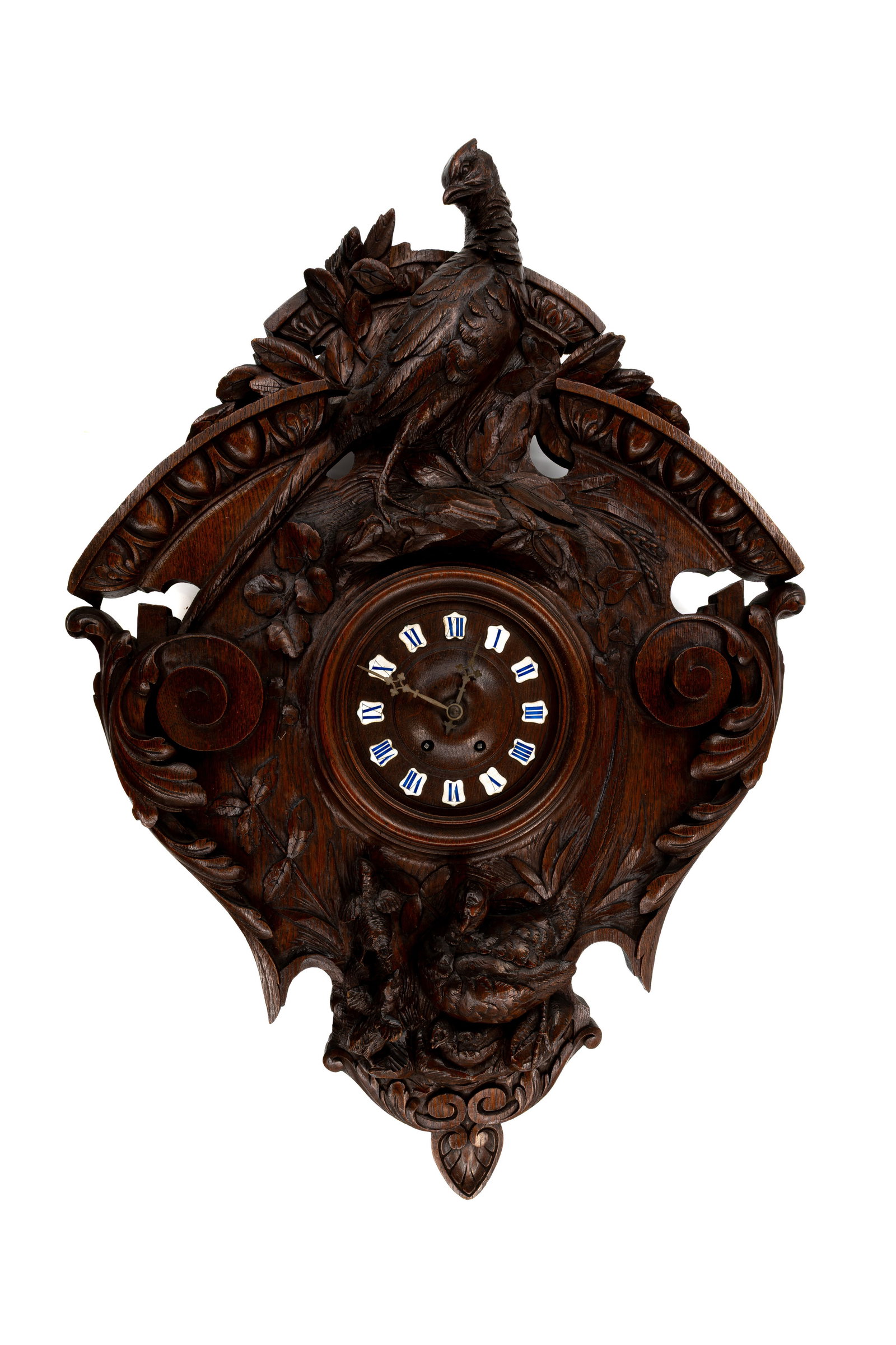 A large and antique German Black Forest carved wooden wall clock (1 of 6)