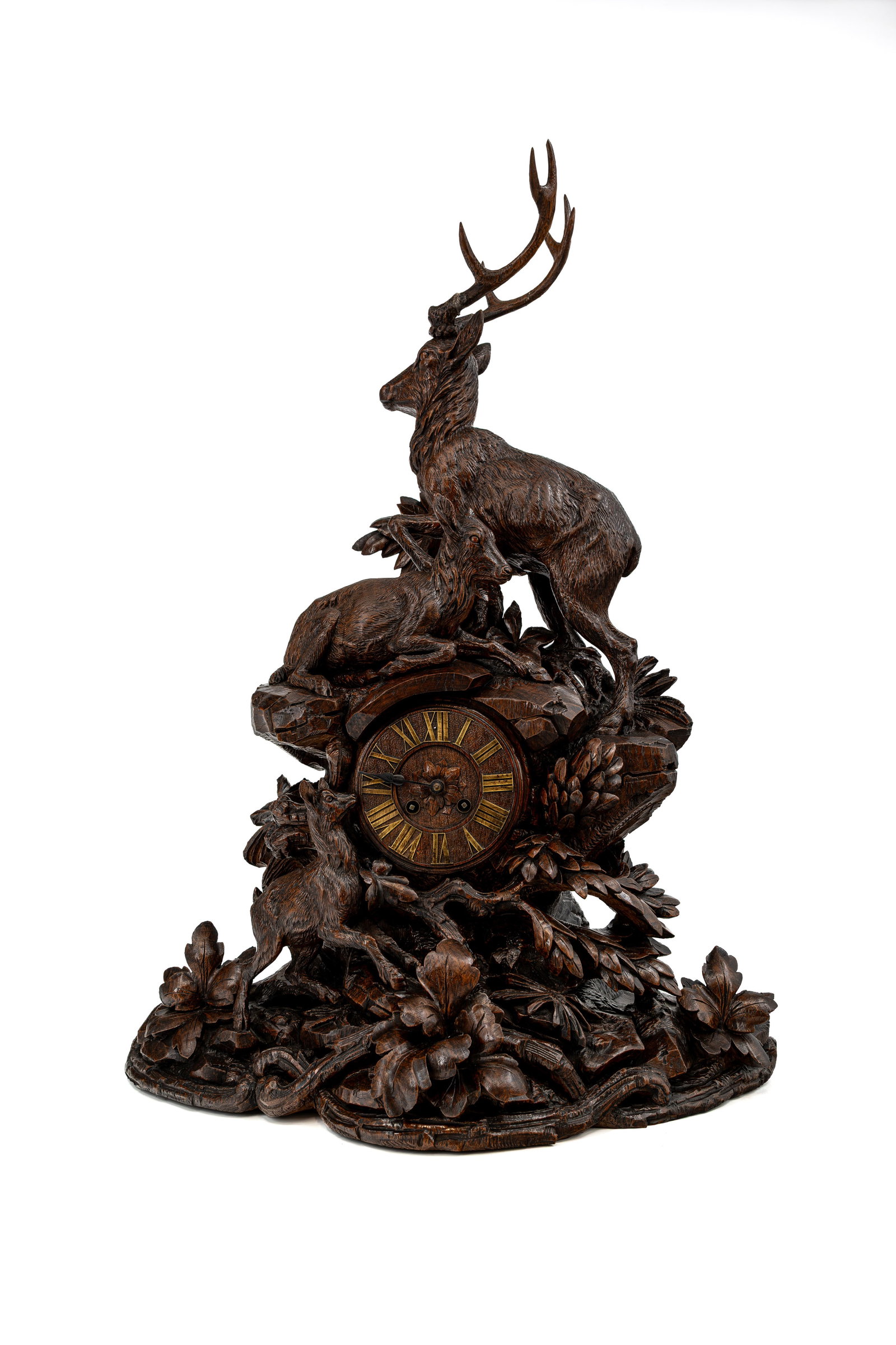 A large and antique German Black Forest carved wooden clock, with figures of a deer family (1 of 12)