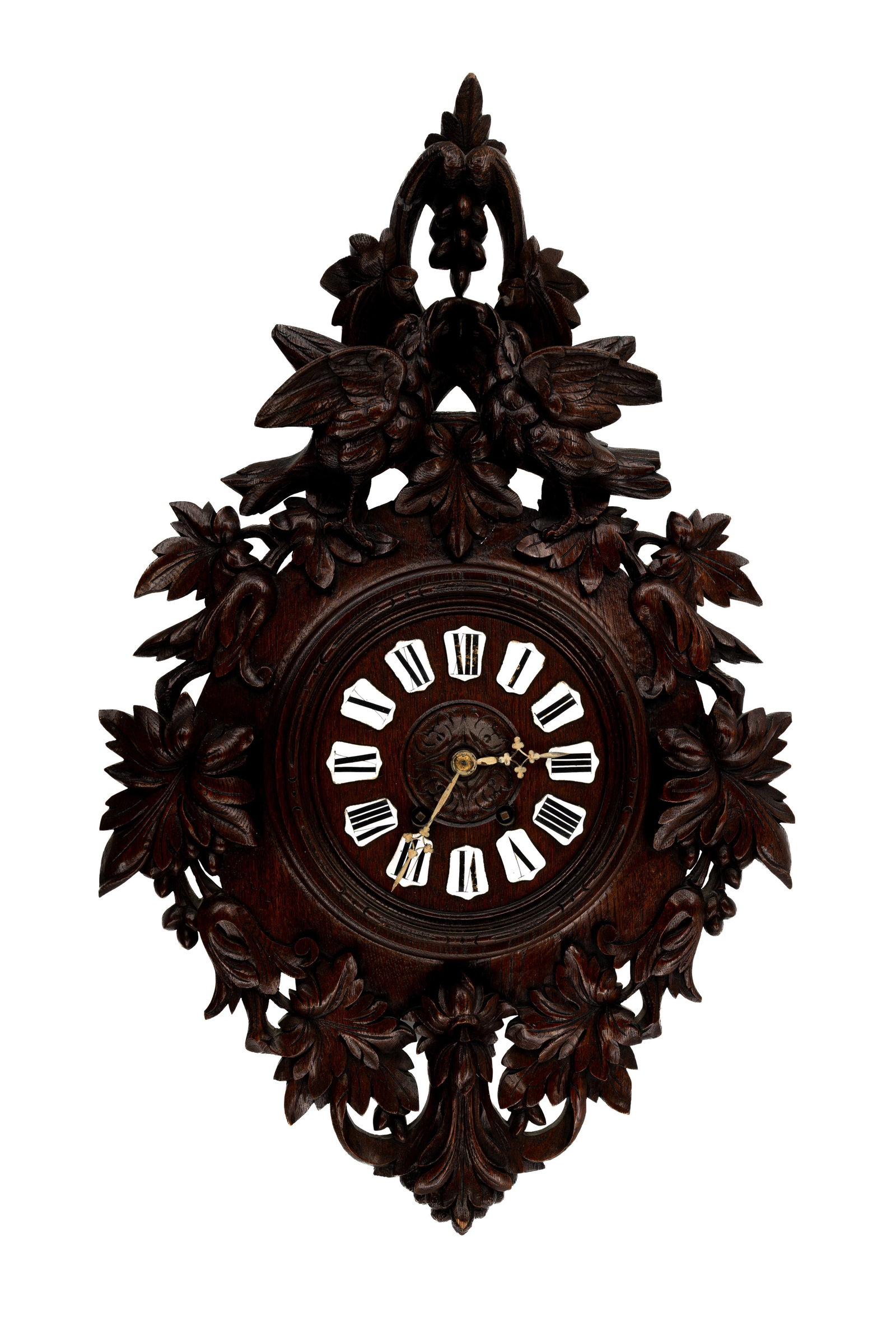 A large and antique German Black Forest carved wooden wall clock (1 of 4)