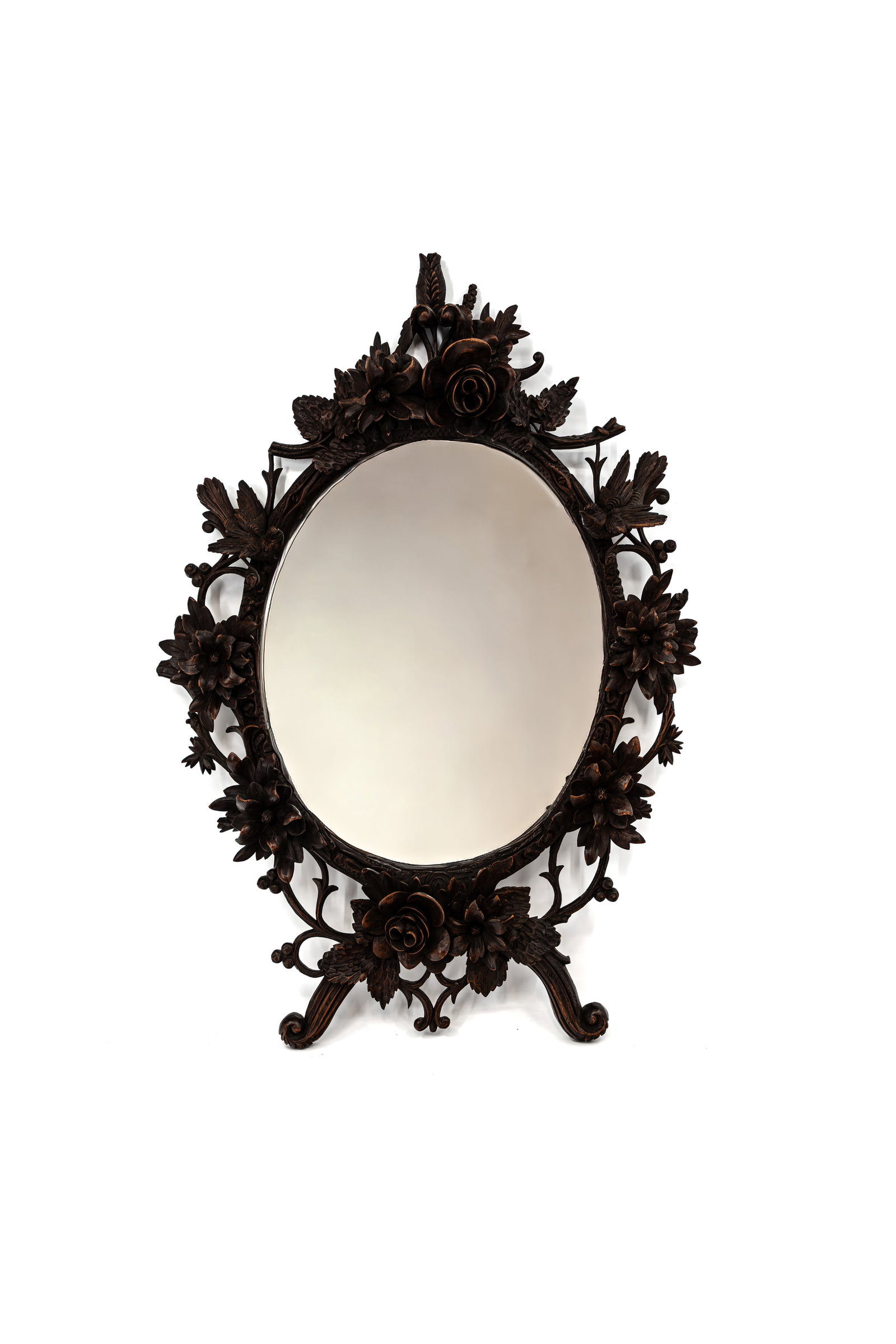 A antique German Black Forest bird and flora finely decorated carved wooden mirror (1 of 6)