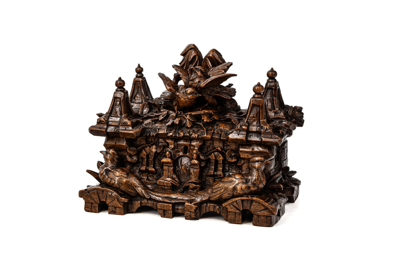 An antique German Black Forest carved wooden jewelry box decorated with bird figures (1 of 10)