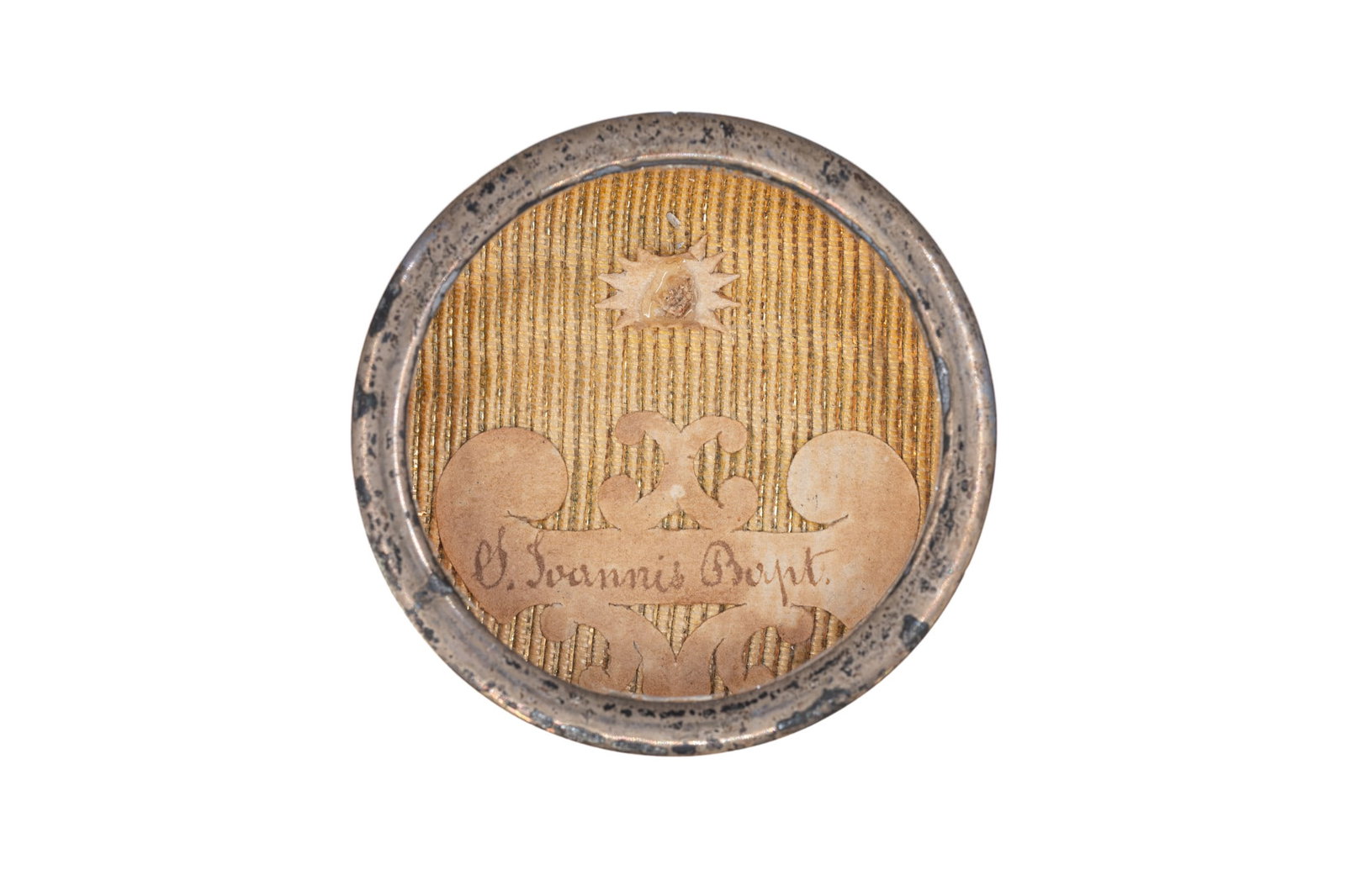 A sealed theca containing a relic of Saint John the Baptist, with a Certificate of Authenticity: A sealed theca containing a relic of Saint John the Baptist, with an Engelbertus Certificate of Authenticity. "S. Joannis Bapt." 1845 W: 3,8 cm The theca and any accompanying documentation are availab