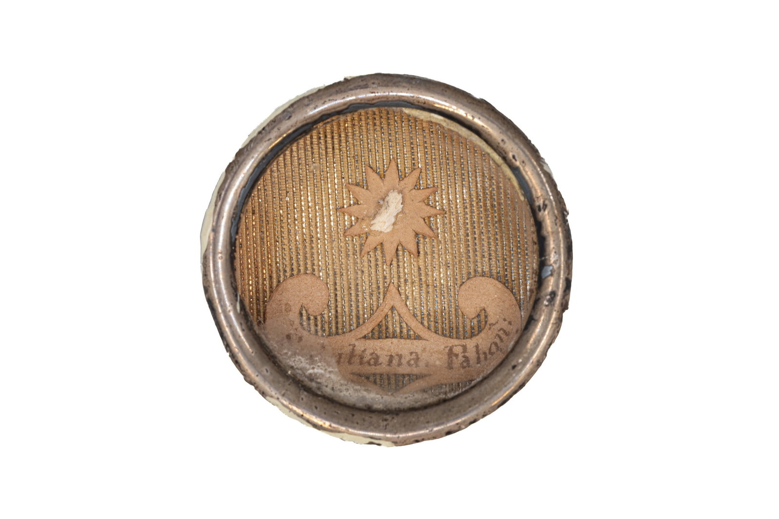 A sealed theca containing a relic of Saint Juliana Falconieri, with a Certificate of Authenticity: A sealed theca containing a relic of Saint Juliana Falconieri, with an Engelbertus Certificate of Authenticity. "S. Juliana. Fahon." 1846 W: 3,7 cm The theca and any accompanying documentation are ava