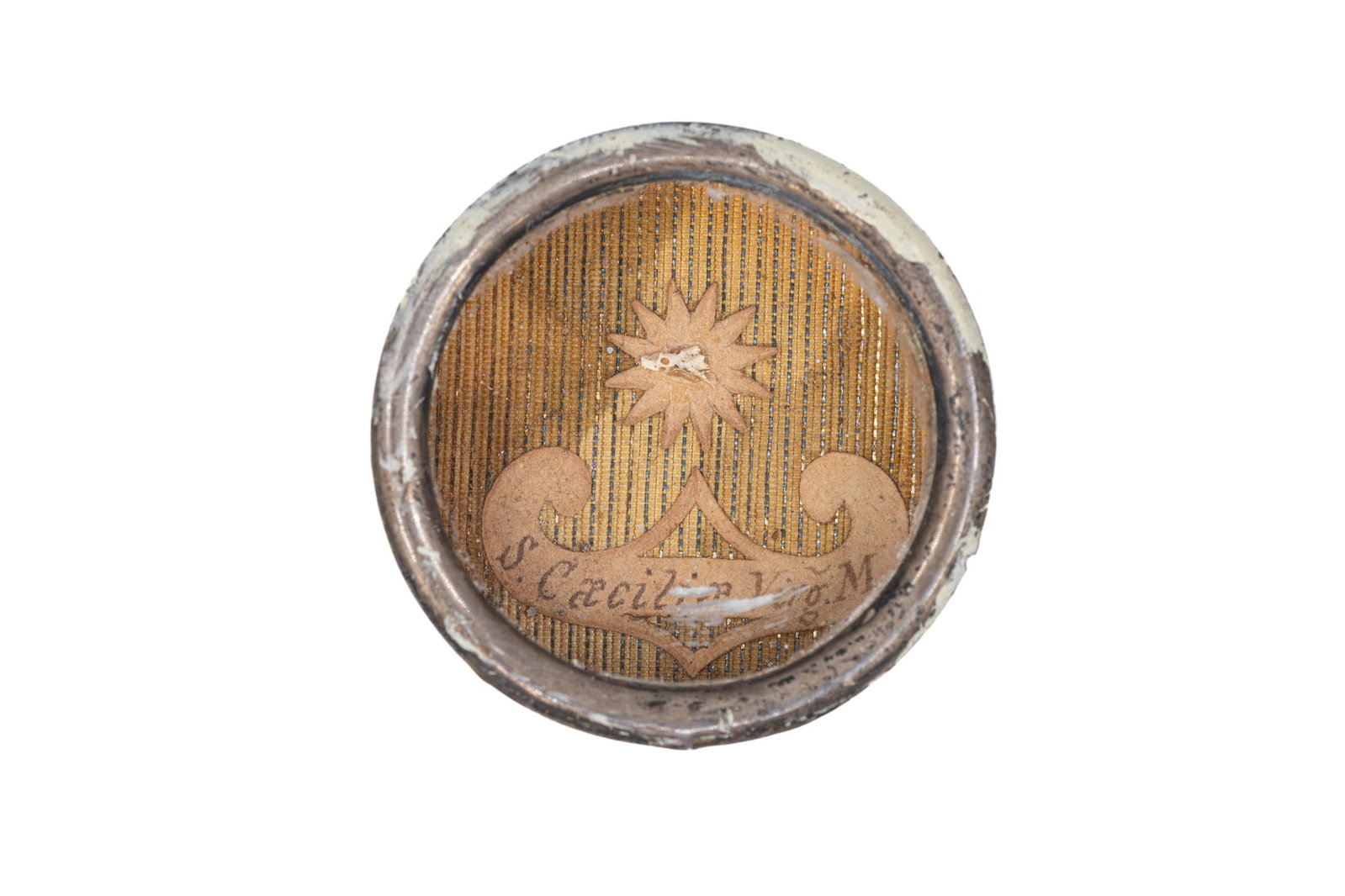 A sealed theca containing a relic of Saint Cecilia, with a Certificate of Authenticity: A sealed theca containing a relic of Saint Cecilia, Virgin and Martyr, with an Engelbertus Certificate of Authenticity. "S. Caeciliae Virg. M." 1847 W: 3,7 cm The theca and any accompanying documentat