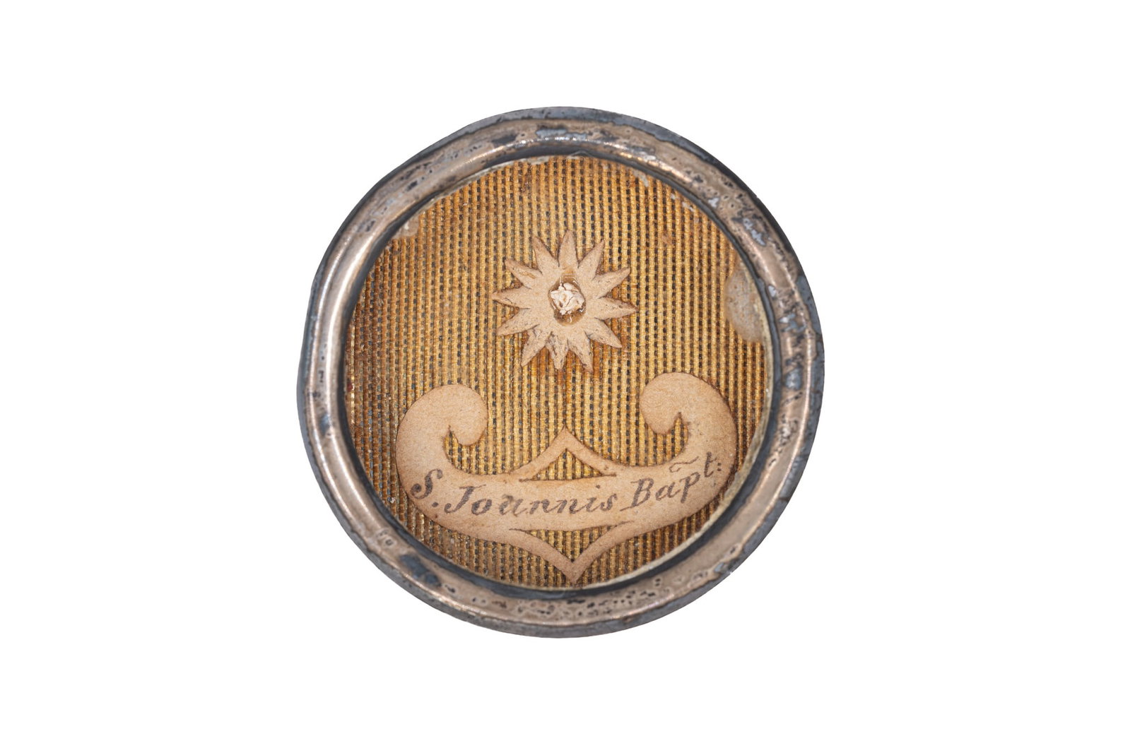 A sealed theca containing a relic of Saint John the Baptist, with a Certificate of Authenticity: A sealed theca containing a relic of Saint John the Baptist, with an Engelbertus Certificate of Authenticity. "S. Joannis Bapt." 1851 W: 3,6 cm The theca and any accompanying documentation are availab