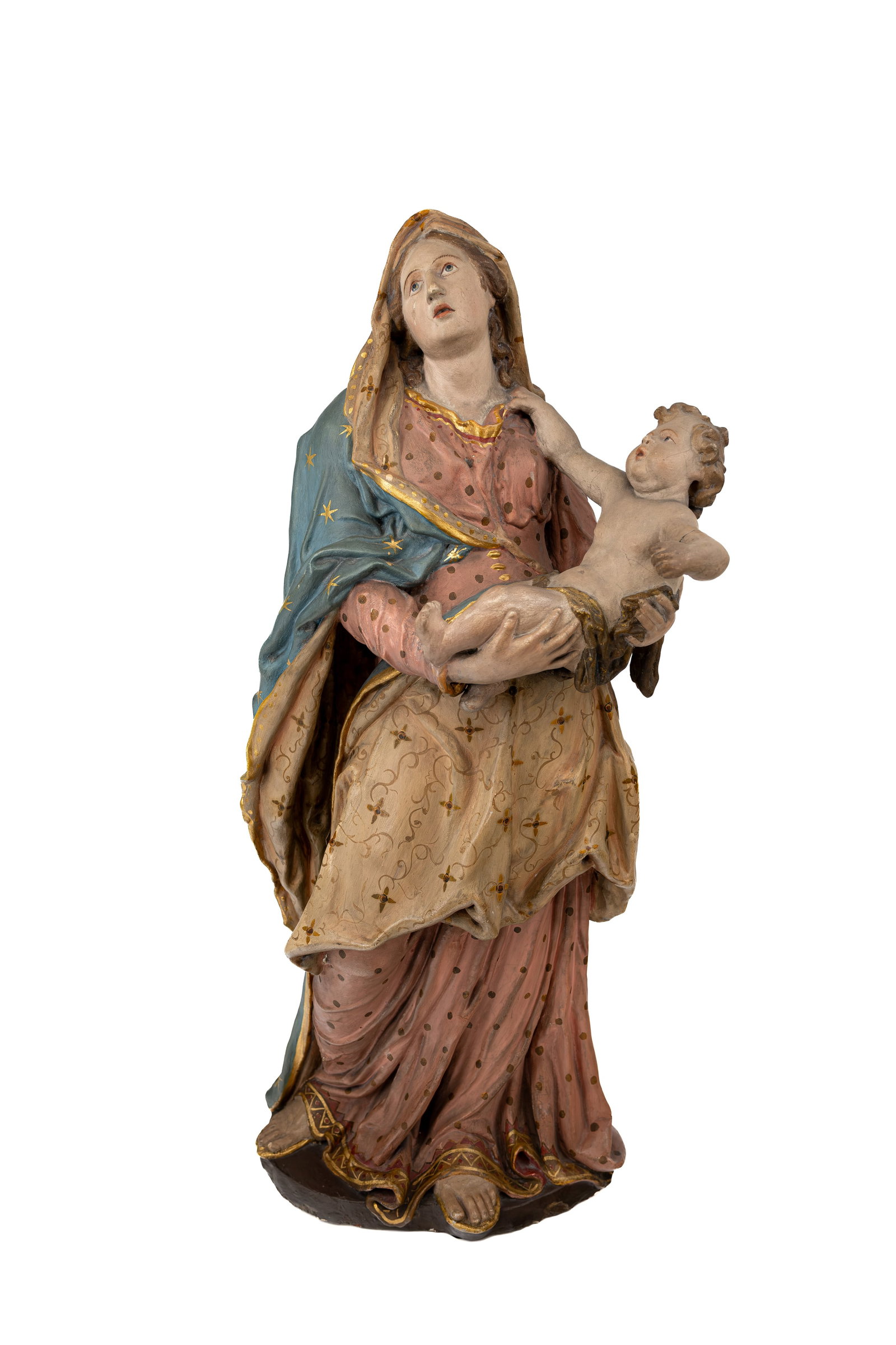 A large and antique religious polychrome patinated terra cotta figural sculpture (1 of 11)