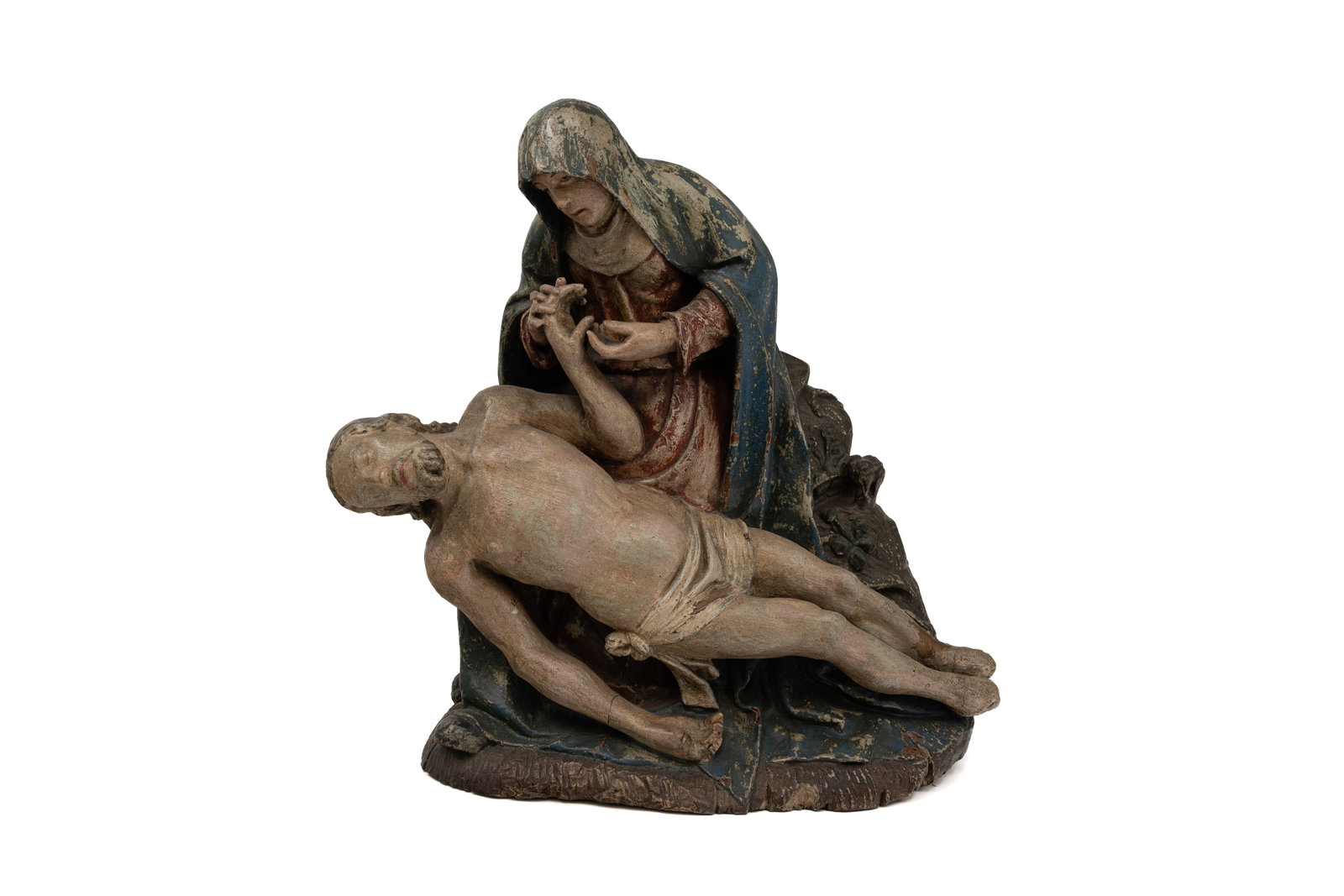 An antique religious polychrome carved wood sculpture group depicting of the Pieta (1 of 9)