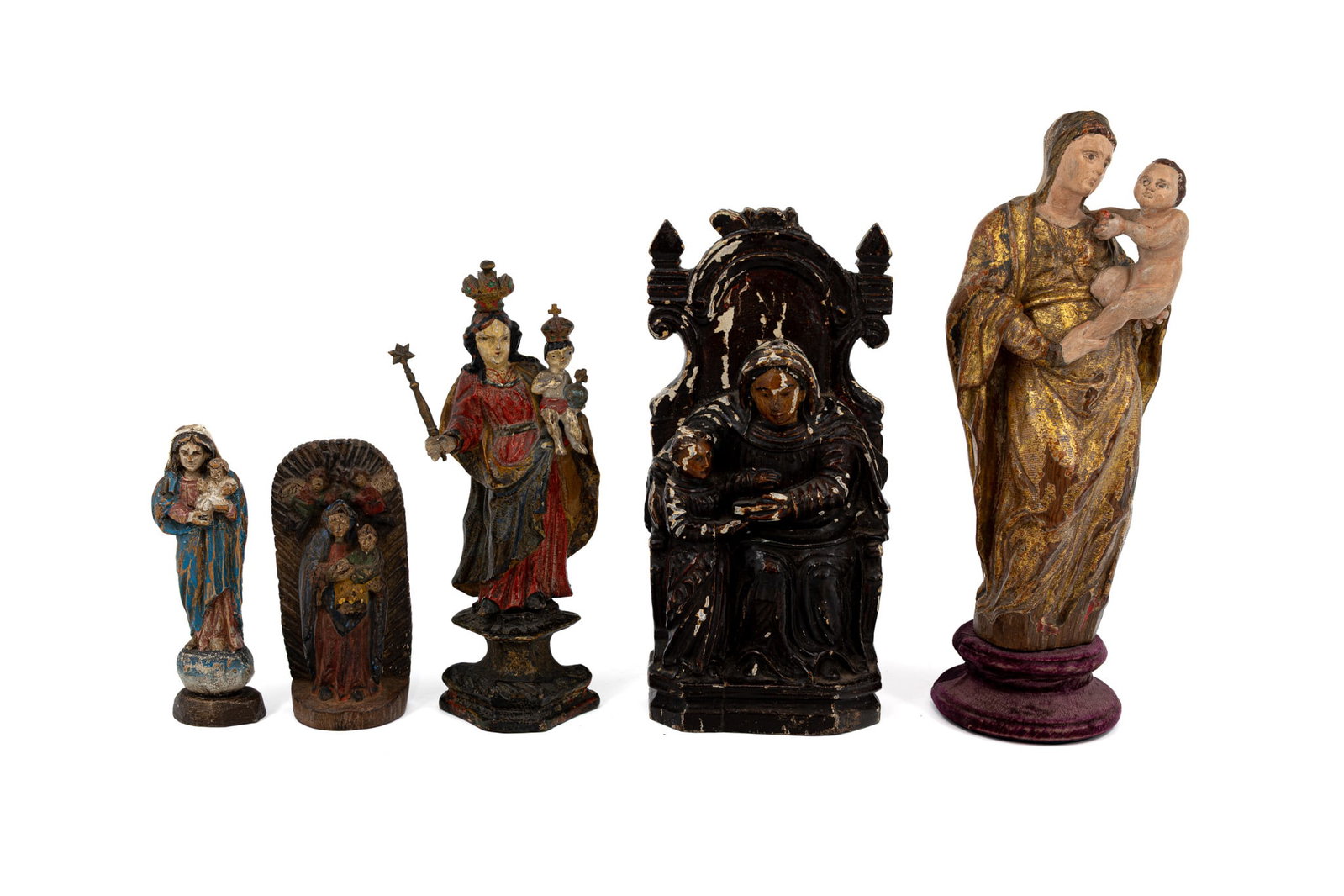 A composed lot of five antique polychrome patinated carved wood religious sculptures (1 of 12)