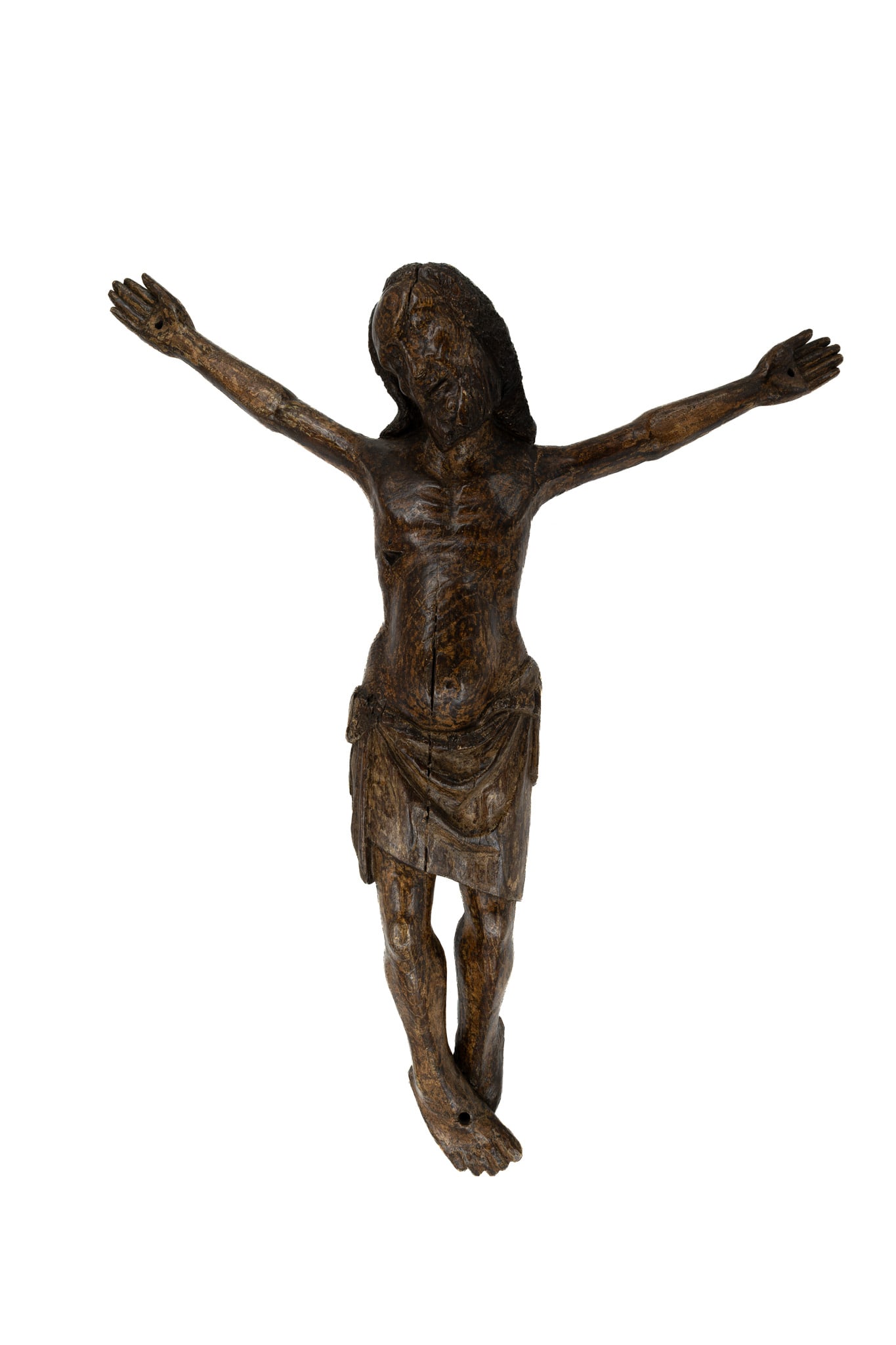 A large and antique carved wood corpus sculpture of Christ: A large and antique carved wood corpus sculpture of Christ, with rests of polychromy. 18th century. H: 90 - W: 85 cm