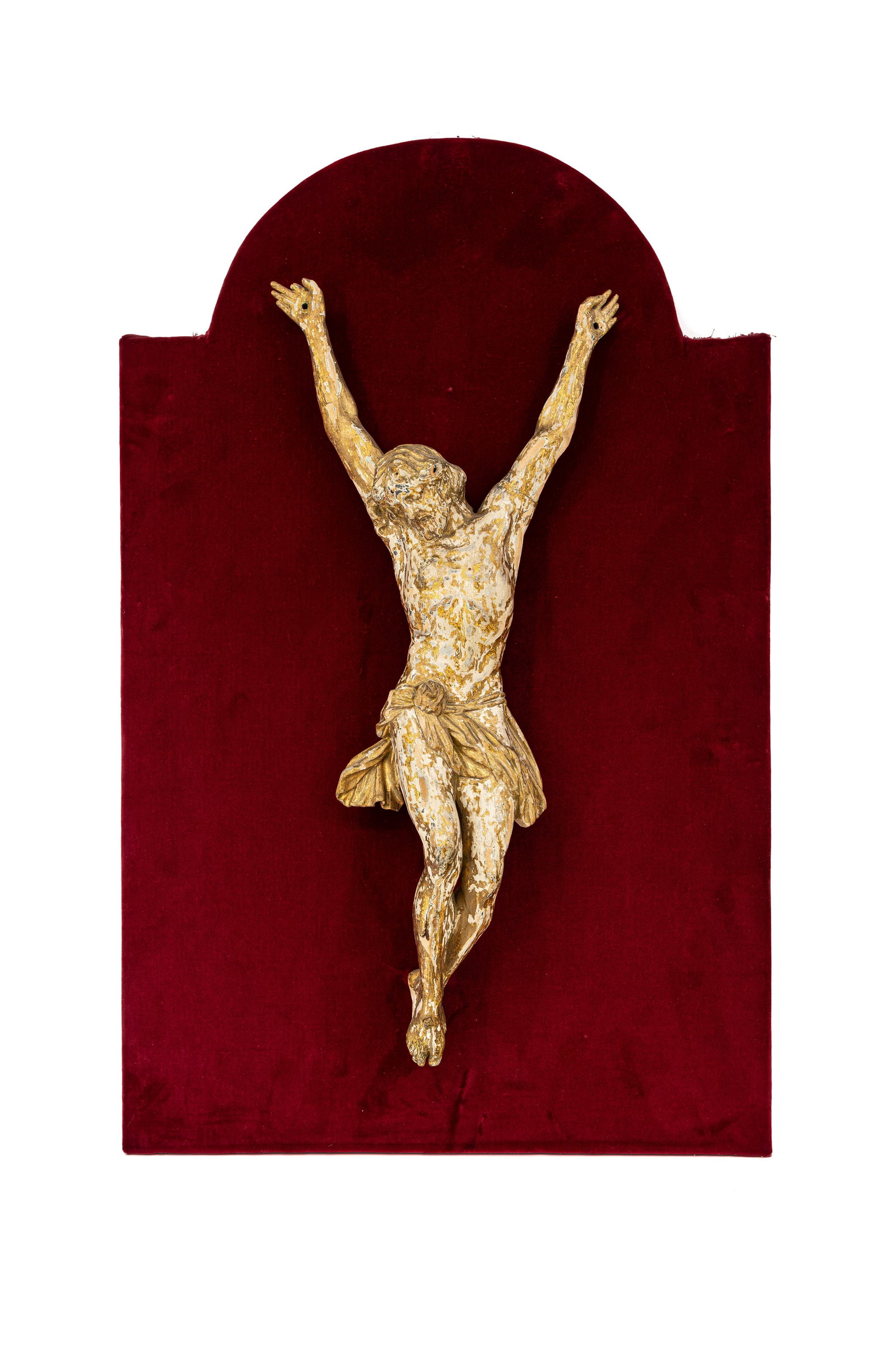 An antique religious gilt polychrome figural carved wood corpus sculpture of Christ (1 of 7)