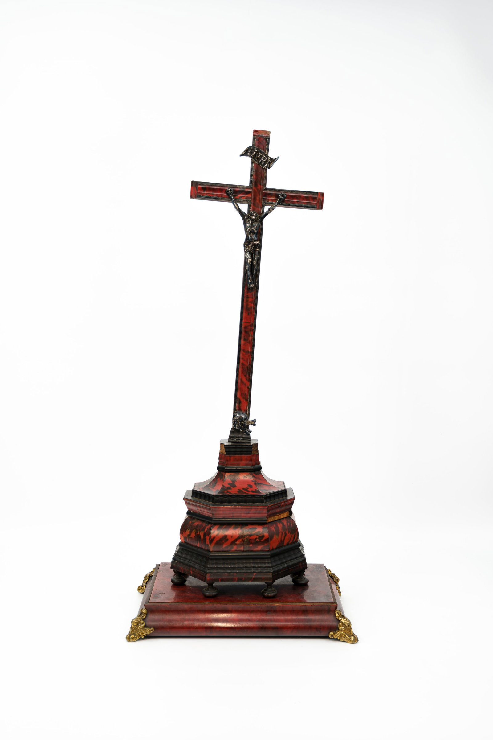 An antique religious silver corpus of Christ mounted on torture shell and blackened wooden cross (1 of 8)