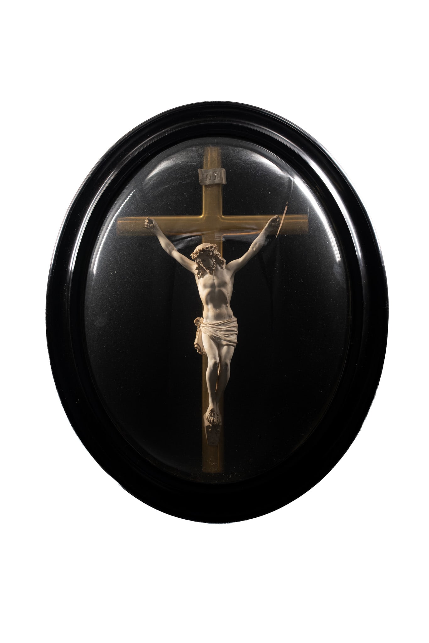 A large and antique wooden framed wall box with pipe clay Crucifix (1 of 6)